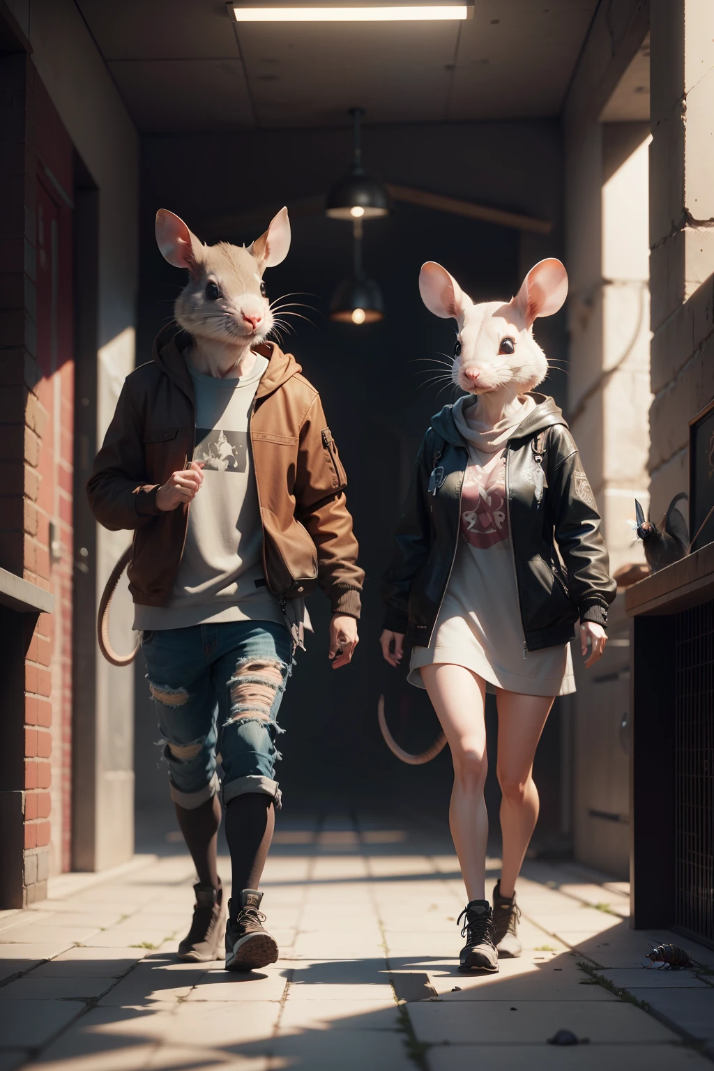 Rat Walking alongside Super cute friend cockroach, realistic, 4K, super detailed, vray rendering, unreal engine, midjourneyart style,