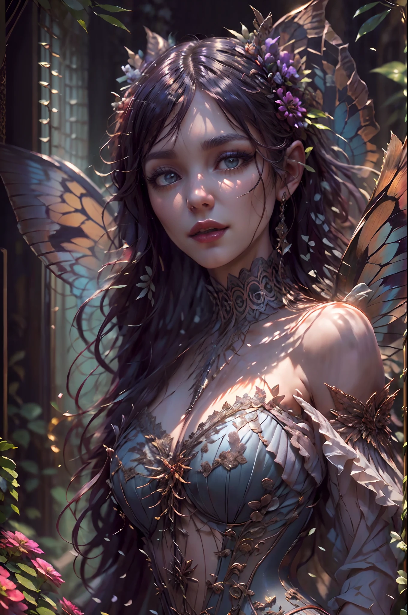 high details, best quality, 16k, RAW, [best detailed], masterpiece, best quality, (extremely detailed), full body, ultra wide shot, photorealistic, dark fantasy art, goth art, RPG art, D&D art, a picture of a dark female fairy showing flowers in a florist shop, extremely beautifil fairy, ultra feminine (intense details, Masterpiece, best quality), best detailed face (intense details, Masterpiece, best quality), having wide butterfly wings, spread buterfly wings (intense details, Masterpiece, best quality), dark colors wings (intense details, Masterpiece, best quality), black hair, long hair, shinning hair, flowing hair, shy smile, innocent smile, blue eyes, dark red lips, wearing [red] dress latex corset (intense details, Masterpiece, best quality), dynamic elegant shirt, chocker, wearing high heels, in flower shop (intense details, Masterpiece, best quality), [extreme many flowers] (intense details, Masterpiece, best quality), dark colorful flowers (intense details, Masterpiece, best quality), flower shop in a dark goth era street background, dim light, cinematic light, gaslight lamp light, High Detail, Ultra High Quality, High Resolution, 16K Resolution, Ultra HD Pictures, 3D rendering Ultra Realistic, Clear Details, Realistic Detail, Ultra High Definition