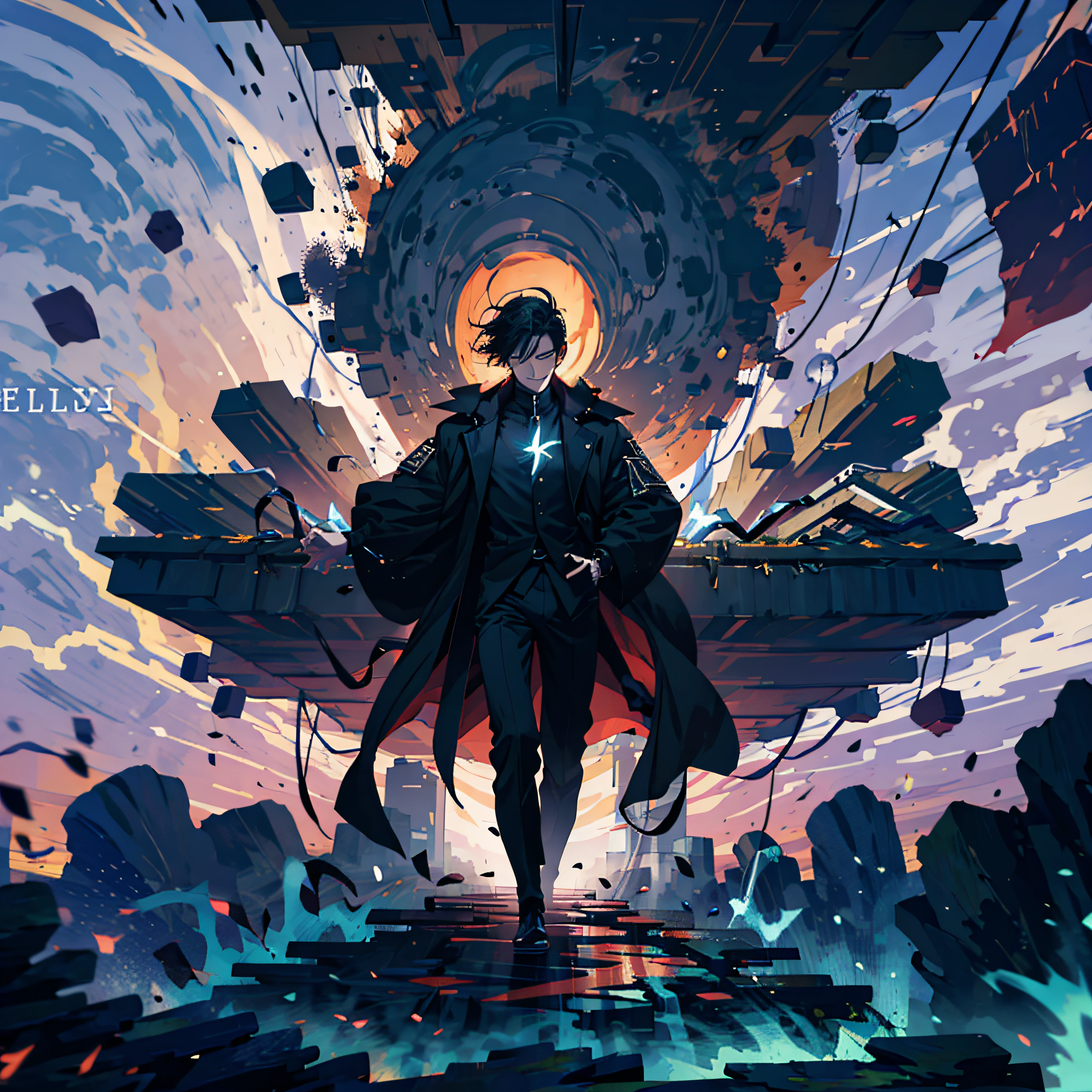 (Absurd, High Resolution), 16k, (Panorama), young man, Closed Eyes, Open Hands, Short Hair, Black Hair, Black Coat, White Underwear, Extreme Detail, Lightning, Magic, Magic Array, Exaggerated Light, Shine, Magic, Floating, Dusk,