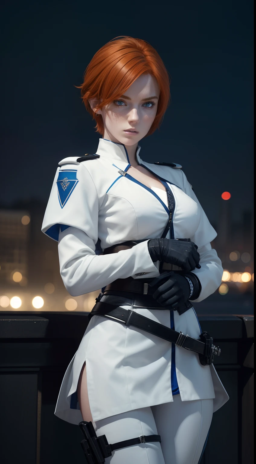 (A beautiful 20 years old British female assassin), (short ginger hair), (pale skin), (serious looking), (wearing white and blue assassin outfit), (city at night background), view from front, waist up shot, dynamic pose, ambient lighting, photo realism, intricate face detail, intricate hand details, highly detailed, vibrant colors, cinematic, high definition, trending on Artstation--style raw