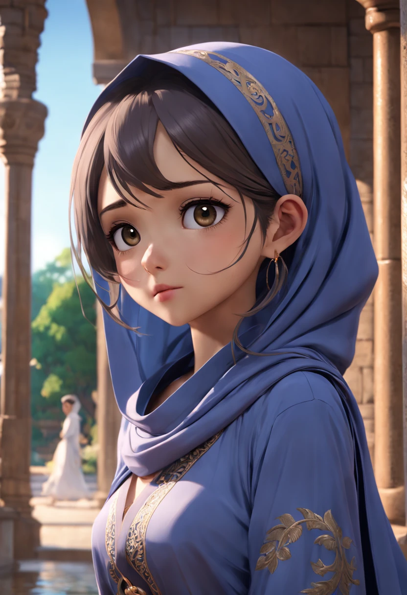 3dmm style, ((Masterpiece, best quality, photography, detailed skin, realistic, photo-realistic, 3D Character Design, pixar, real cartoon, 8k, highly detailed, full length frame, High detail RAW color art, diffused soft lighting, shallow depth of field, sharp focus, hyperrealism, cinematic lighting, ((close up)) hijab, a woman in a beautifully makeup, purple eyeshadow, brown beautiful big eyes, long eye lashes, wearing ((blue satin headscarf), loosely tide hijab style), (gray satin pario dress), walking in the middle of Bali garden, Ancient Bali architecture, rockery, arch, corner, tree, running water
