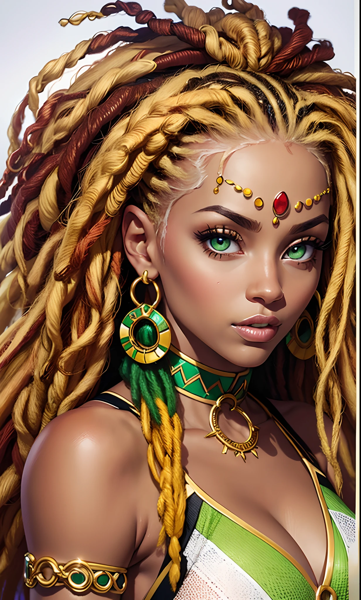 Masterfully, a blonde woman shows off her dreadlocks in vibrant shades of Jamaican colors. Each dread is a fusion of yellow, green and red, capturing the culture and style in an exceptional way. The image highlights the professionality by portraying the boldness and authenticity of the hairstyle. --auto --s2