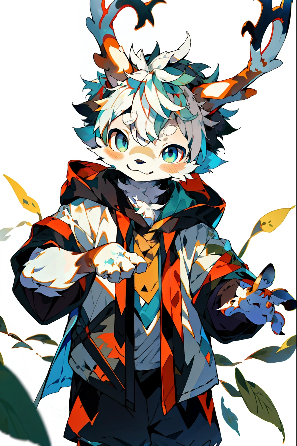 Masterpiece, Best quality, Ultra-detailed, Fine details, Solo dance,1boys,anthro,shaggy_Male,fawn_male year old boy,(white colors_furred),tuft,oiled_skin,short_Hair,Blue_Eyes,White_Hair,Shorts,Hoodie, Upper body_Body_Close-up,There are horns on the head, cowbow_Shot,Smile with,Looking_Show on the_peeping at the viewer。 (cozily_Childhood_hides:1.5),城市,Streets,独奏,short- sleeved,horizon,BREAK BREAK BREAK,AOEU,AOEU, Albino deer, Antlers outcrop, Short hair , White hair