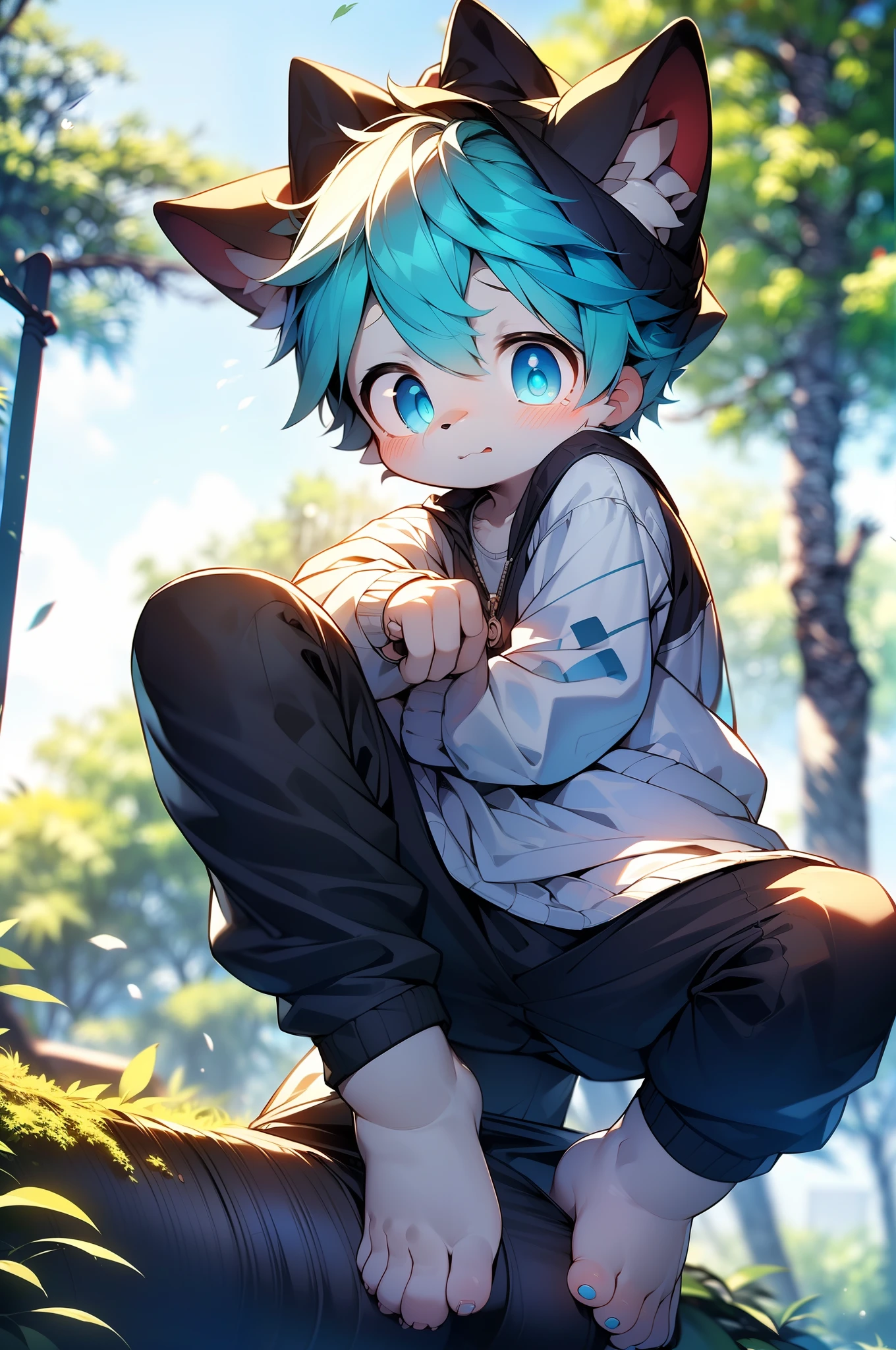 4k, (Masterpiece:1), Little boy with blue colored hair and shiny, glowing cyan eyes and barefoot, cinematic, young, boy, child, small, toddler, tiny feet, focus on feet, feet, blushing, (Young:1.4), (Child:1.4), (Shota:1.4), (male:1.4), (boy:1.4), (cinematic:1.4), (nervous expression:1.4), (shy:1.4), (sweatpants:1.6), (sitting on tree:1.6)