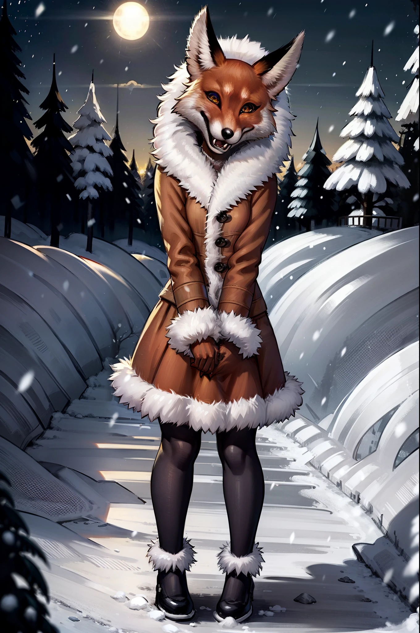 Alice, 独奏, 1girl, animal ears, Color: Red, Orange, female focus, exteriors, hood, a tree, Detailed background, orange jacket, fur-trim, Furry, fur-trimmed sleeves, Orange fur coat with fur trim, Fox ears of the best quality, a 1girl, 独奏, Focus Photo, Smile, blusher, looking a viewer, the night, Deep Night, winter, It's snowing, detailed yellow eyes, Detailed beautiful yellow eyes, detailized face, Heightened sexuality, big breastes, skinny waist, A full body girl, Girl in a skirt, Girl in black stockings, beste-Qualit,in detail,high-resolution illustration, tmasterpiece, 8K