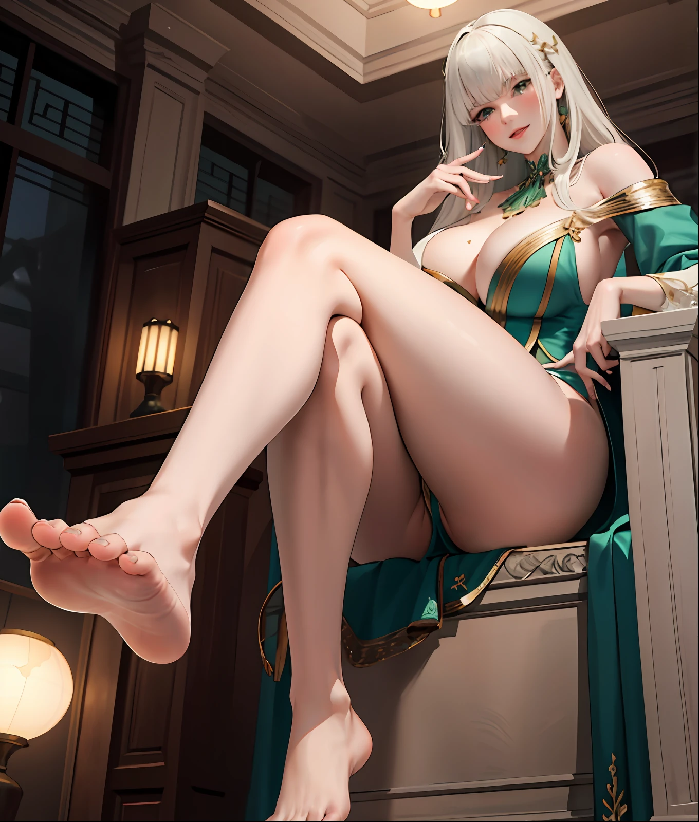 (masterpiece:1.2, best quality), (real picture, intricate details), 1lady, solo, entire body, showing legs, showing feet, showing soles, long hair, minimal makeup, natural fabrics, close-up face, smirk, mischievous face, giantess, giantess lady, huge tall lady, bare feet, feet on camera, long light platinum blonde hair, bangs, Korean bangs, bangs on forehead, green eyes, big breasts, bis tits, mature body, mature face, detailed face, correct foot anatomy, feet anatomy, sexy, giantess, feet pointing at viewer, foot, soles, detailed feet, giantess woman, correct foot anatomy, soles