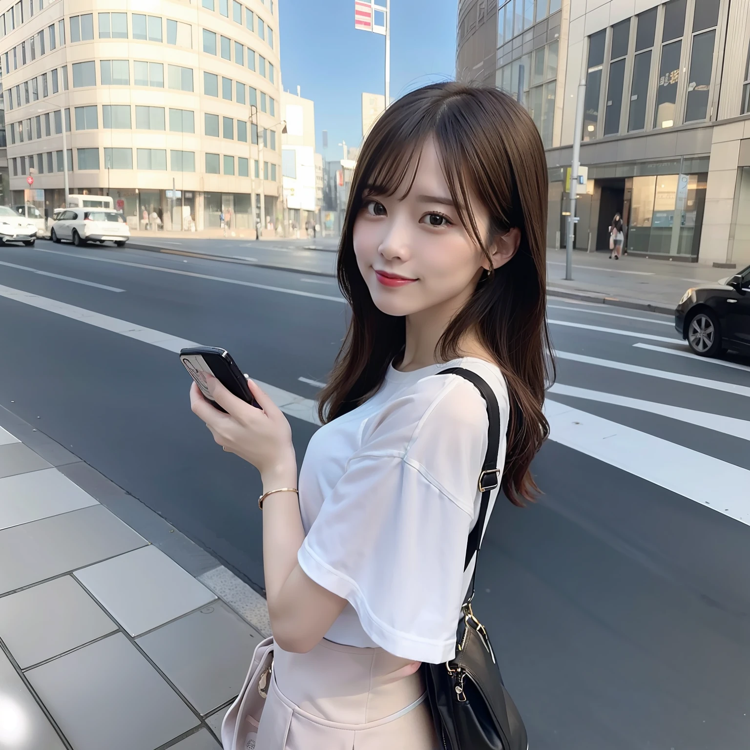Beautiful woman, fiddling with cell phone in the middle of the street, short clothes