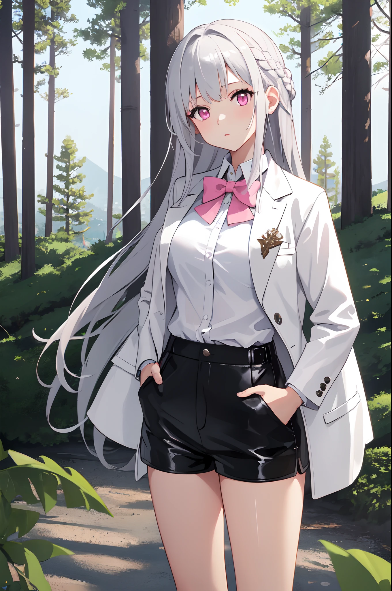 masterpiece, best quality, sharp focus, 1girl, solo, medium breasts, silver hair, long hair, french braid, pink eyes, white shirt, bow, jacket, the girl is wearing a full black jacket, leather shorts, standing, head tilt, hands on pockets, lake, trees, forest scenery