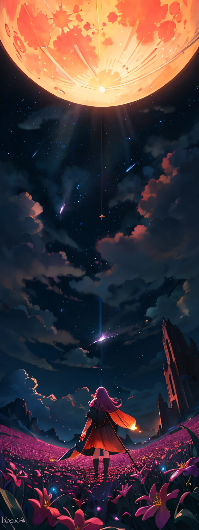 expansive landscape photograph , (a view from below that shows sky above and open field below), a girl standing on flower field looking up, (full moon:1.2), ( shooting stars:0.9), (nebula:1.3), distant mountain, tree BREAK
production art, (warm light source:1.2), (Firefly:1.2), lamp, lot of purple and orange, intricate details, volumetric lighting, realism BREAK
(masterpiece:1.2), (best quality), 4k, ultra-detailed, (dynamic composition:1.4), highly detailed, colorful details,( iridescent colors:1.2), (glowing lighting, atmospheric lighting), dreamy, magical, (solo:1.2)