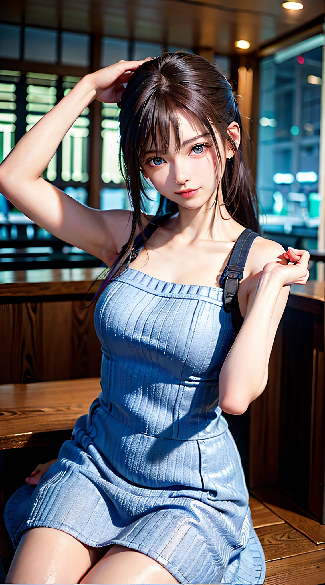 Bust up, upper body, anime girl with short hair and blue dress, posing for photo, photorealistic anime girl rendering, realistic anime 3d style, smooth anime CG art, [4k photorealism]!, photorealistic anime, soft portrait shot 8k, [4k photorealism]!, 8k portrait rendering, anime realism style, 3d anime realistic, cute realistic portrait