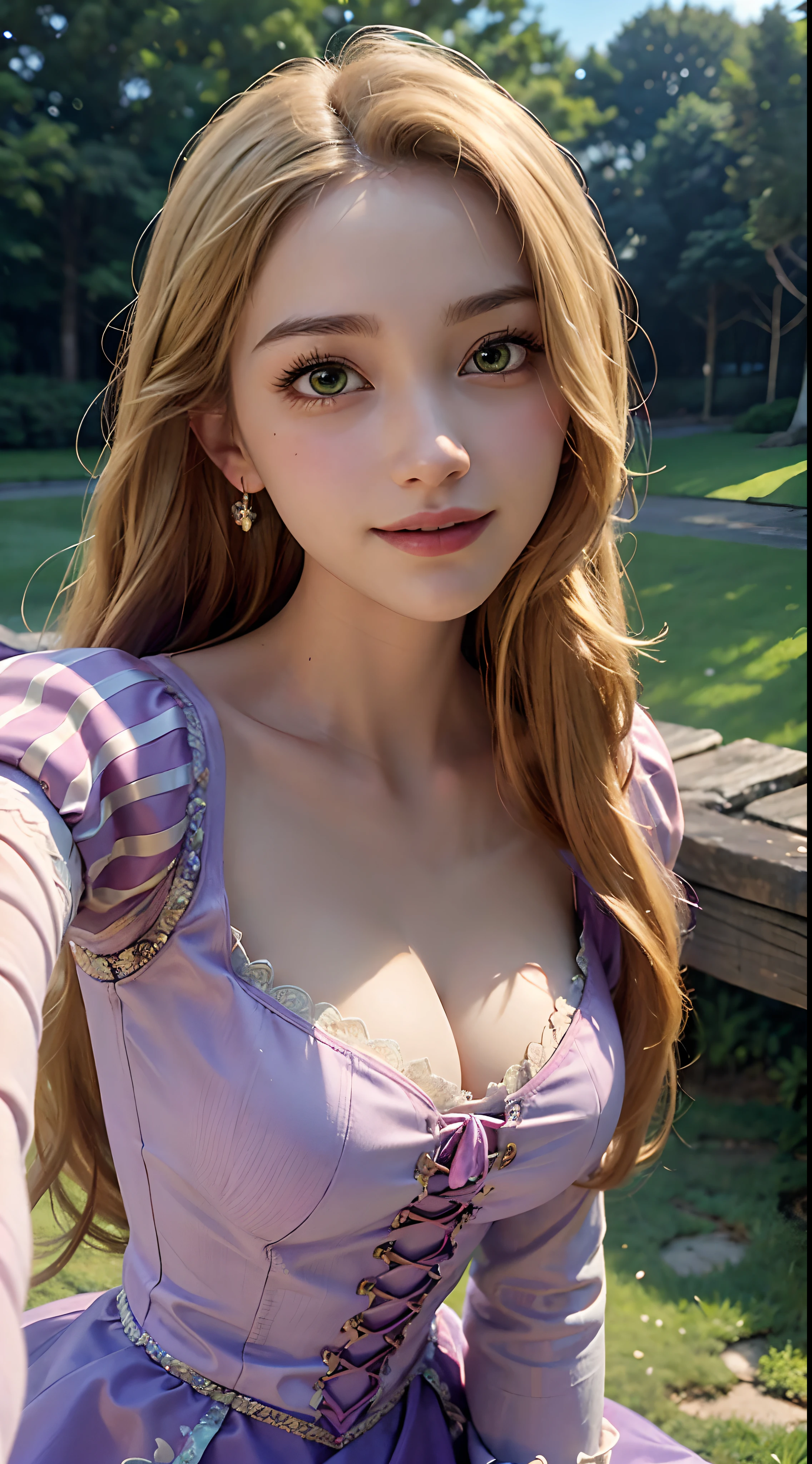 Hyperrealist portrait rapunzel, 1girl, long hair, breasts, looking at viewer, smile, blonde hair, long sleeves, dress, cleavage, medium breasts, closed mouth, green eyes, collarbone, puffy sleeves, juliet sleeves, purple dress, selfie, frog(masterpiece:1.2), (best quality), (ultra detailed), (8k, 4k, intricate),(full-body-shot:1), (highly detailed:1.2),(detailed face:1.2),(detailed background),detailed landscape, (dynamic angle:1.2), (dynamic pose:1.2),