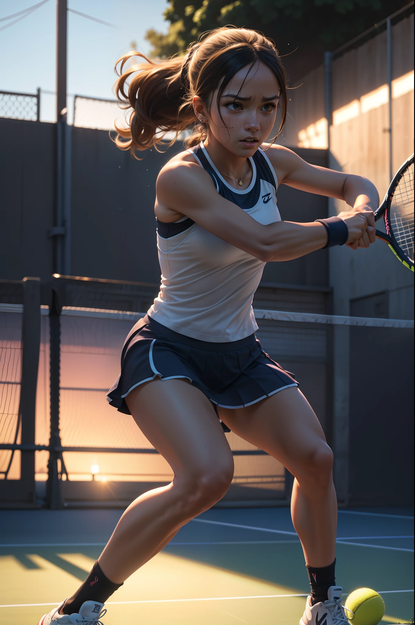 Woman playing tennis, 3D anime, realistic textures, dynamic perspective, mid-action pose, outdoor tennis court, golden hour lighting, vibrant colors, slight lens flare, depth of field, focused foreground, blurred background, athletic build, determined expression, tennis racket, sportswear, sneakers, flowing hair, detailed facial features, sweat droplets, net in the frame, energetic composition, powerful strokes, concentration, vivid environment, post-match glow, cinematic feel.