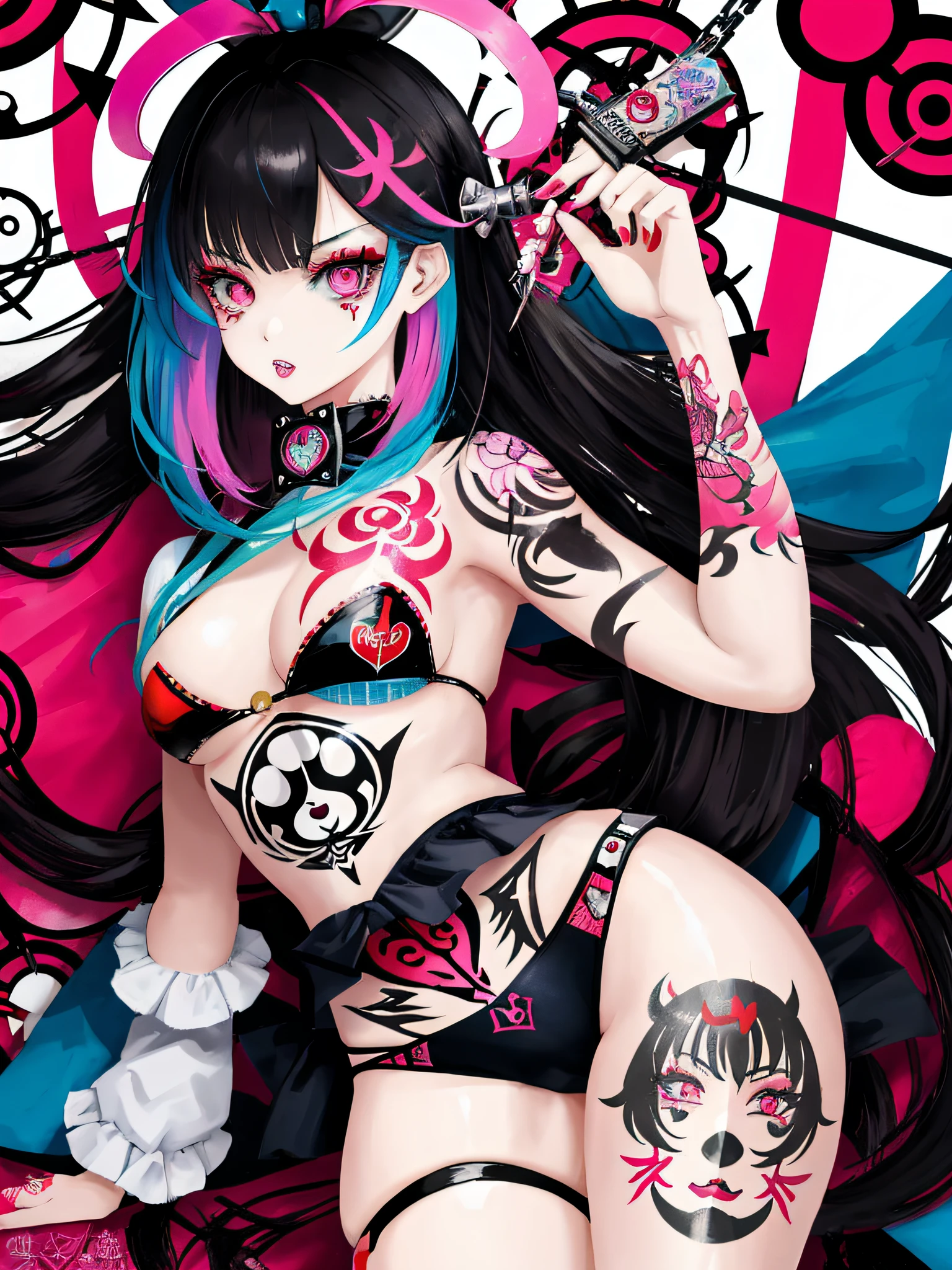 illustration of Alice of Wonderland in a rebellious pin-up style, Japanese manga style, wearing a bold look with a mix of classic and modern elements. Her skin is adorned with vibrant tattoos that show her rebellious nature, imagem contra fundo branco.