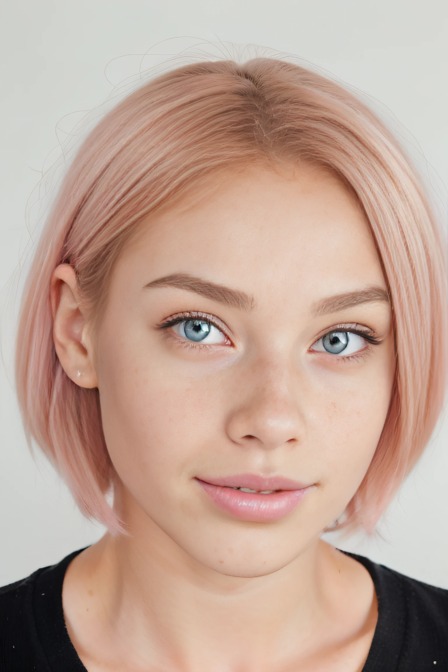 girl face around 18 with freckles and pink nose, her skin is very white and her eyes are light green, her front teeth are subtly separated, her hair is short and pink. hiper realista.