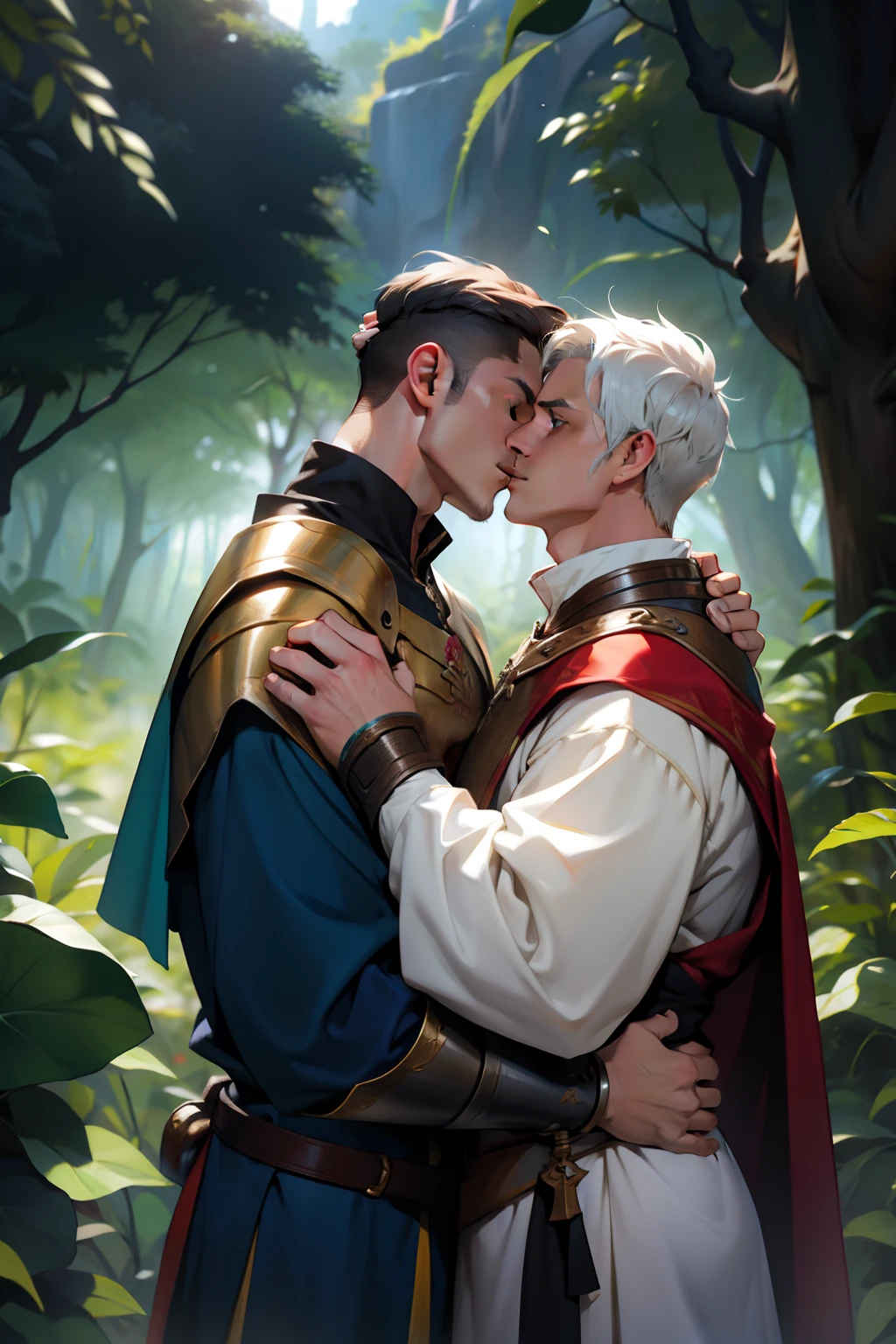 Gay medieval se beijando floresta cabelos escuros