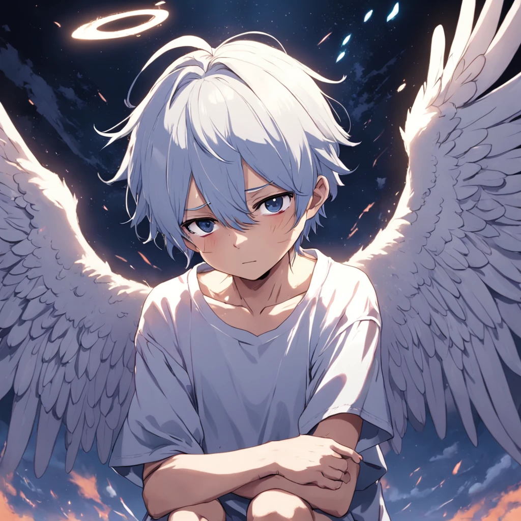 crie uma imagem de um homem triste, ele possui asas de anjo, rosto triste, choro, formato anime, 2d, asas de anjo, he's hunched over, full detalhe, imagem realista, imagem perfeita
