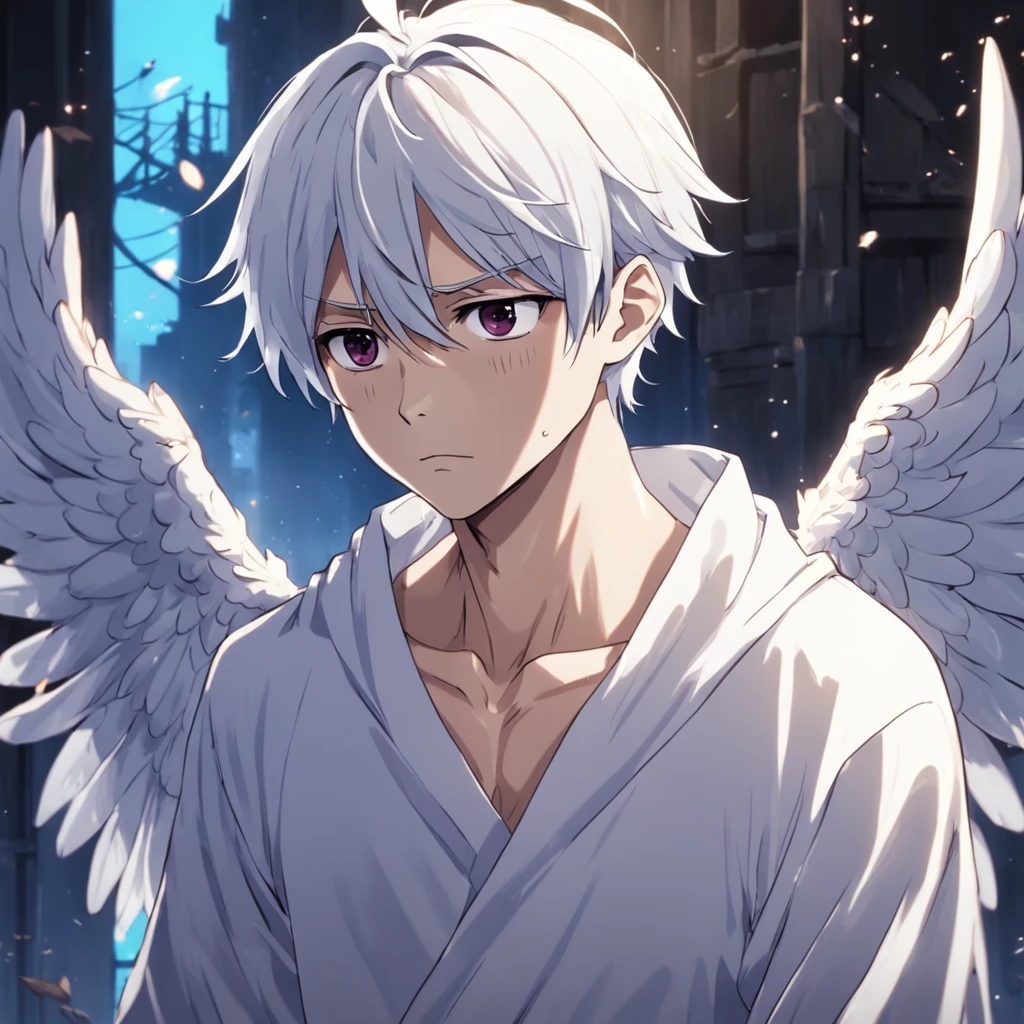 crie uma imagem de um homem triste, ele possui asas de anjo, rosto triste, choro, formato anime, 2d, asas de anjo, he's hunched over, full detalhe, imagem realista, imagem perfeita
