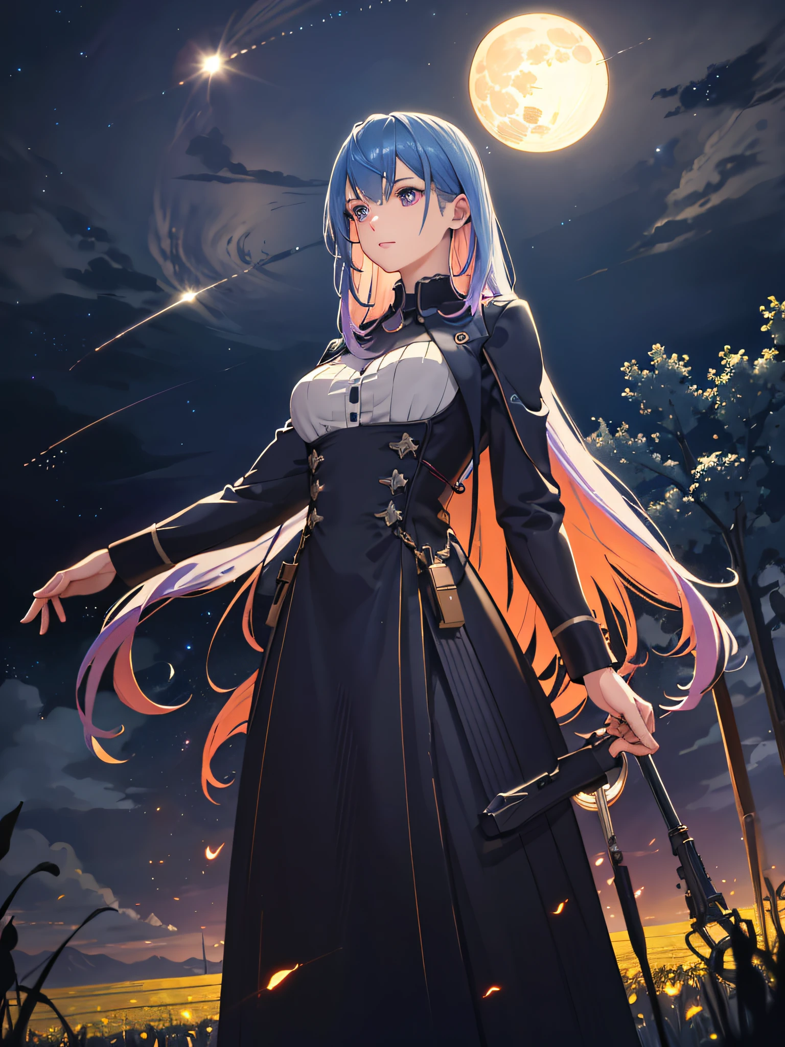 expansive landscape photograph , (a view from below that shows sky above and open field below), a girl standing on flower field looking up, (full moon:1.2), ( shooting stars:0.9), (nebula:1.3), distant mountain, tree BREAK
production art, (warm light source:1.2), (Firefly:1.2), lamp, lot of purple and orange, intricate details, volumetric lighting, realism BREAK
(masterpiece:1.2), (best quality), 4k, ultra-detailed, (dynamic composition:1.4), highly detailed, colorful details,( iridescent colors:1.2), (glowing lighting, atmospheric lighting), dreamy, magical, (solo:1.2)