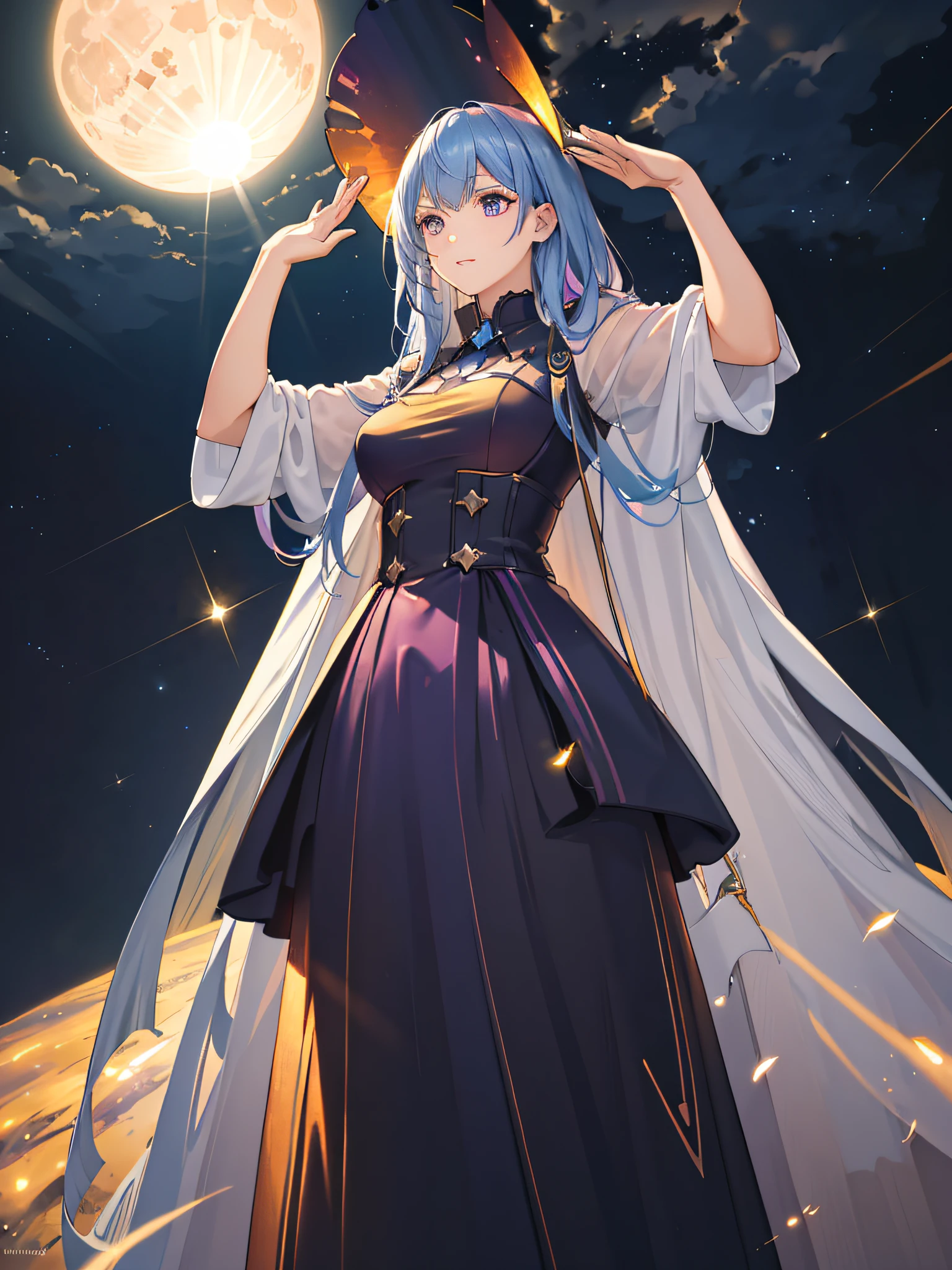 expansive landscape photograph , (a view from below that shows sky above and open field below), a girl standing on flower field looking up, (full moon:1.2), ( shooting stars:0.9), (nebula:1.3), distant mountain, tree BREAK
production art, (warm light source:1.2), (Firefly:1.2), lamp, lot of purple and orange, intricate details, volumetric lighting, realism BREAK
(masterpiece:1.2), (best quality), 4k, ultra-detailed, (dynamic composition:1.4), highly detailed, colorful details,( iridescent colors:1.2), (glowing lighting, atmospheric lighting), dreamy, magical, (solo:1.2)