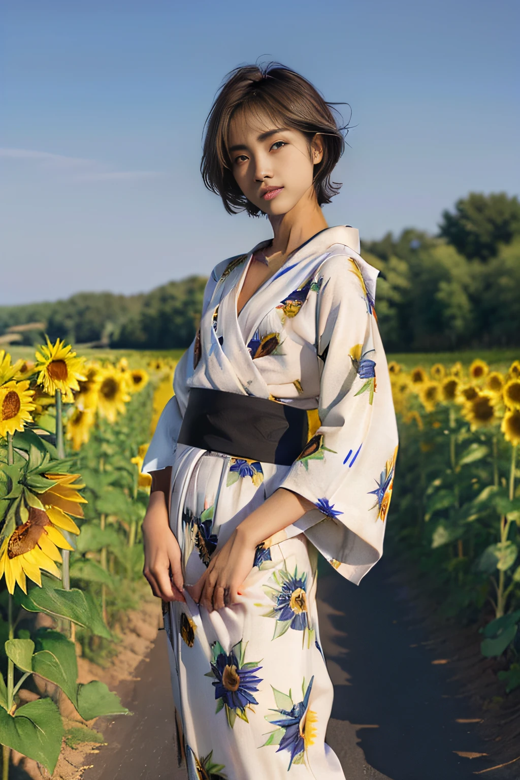Best Quality, 超A high resolution, (Photorealsitic: 1.4), (ulzzang -6500-v1.1: 1.0), ((top-quality、in 8K、masterpiece:1.3)、foco nítido:1.2、Beautiful Women in Perfect Style:1.4、Black eyes, 18 years old, Beautiful woman, actress, (Shortcut Hair:1.3), (flat chest:1.5)、Highly detailed facial and skin texture、A detailed eye、二重まぶた、Realistic、real looking skin、Realistic texture、(Sunflower field:1.2)、Back lighting、(full body:1.2)、(yukata:1.5), Round paper fan、(a blond:1.5)、superwide shot, (Tanned skin:1.4), flip-flops, Black Gal、