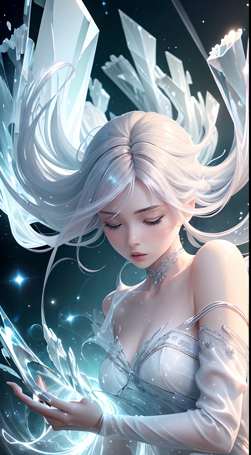 (masterpiece, top quality, best, official art, beautiful and aesthetic, long exposure: 1.2), smooth movement, attractive pattern, one girl, (long dress with sleeves: 1.3), ((White clothes))), upper body close-up, bare shoulders, Chinese girl, blush, black leaf hair, portrait, solo, upper body, looking observer, detailed background, detailed face, (crystal AI, crystal theme: 1.1), wind, white crystal clothes, dynamic poses, suspended particles, etheric dynamics, whirlwinds, steam, background whirlwinds, white tones, whirlwinds, ethereal atmosphere,