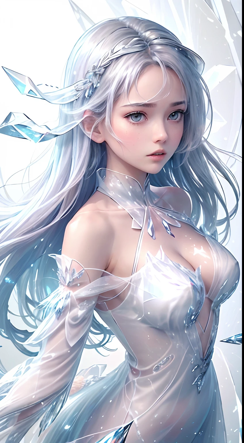 (masterpiece, top quality, best, official art, beautiful and aesthetic, long exposure: 1.2), smooth movement, attractive pattern, one girl, (long dress with sleeves: 1.3), ((White clothes))), upper body close-up, bare shoulders, Chinese girl, blush, black leaf hair, portrait, solo, upper body, looking observer, detailed background, detailed face, (crystal AI, crystal theme: 1.1), wind, white crystal clothes, dynamic poses, suspended particles, etheric dynamics, whirlwinds, steam, background whirlwinds, white tones, whirlwinds, ethereal atmosphere,