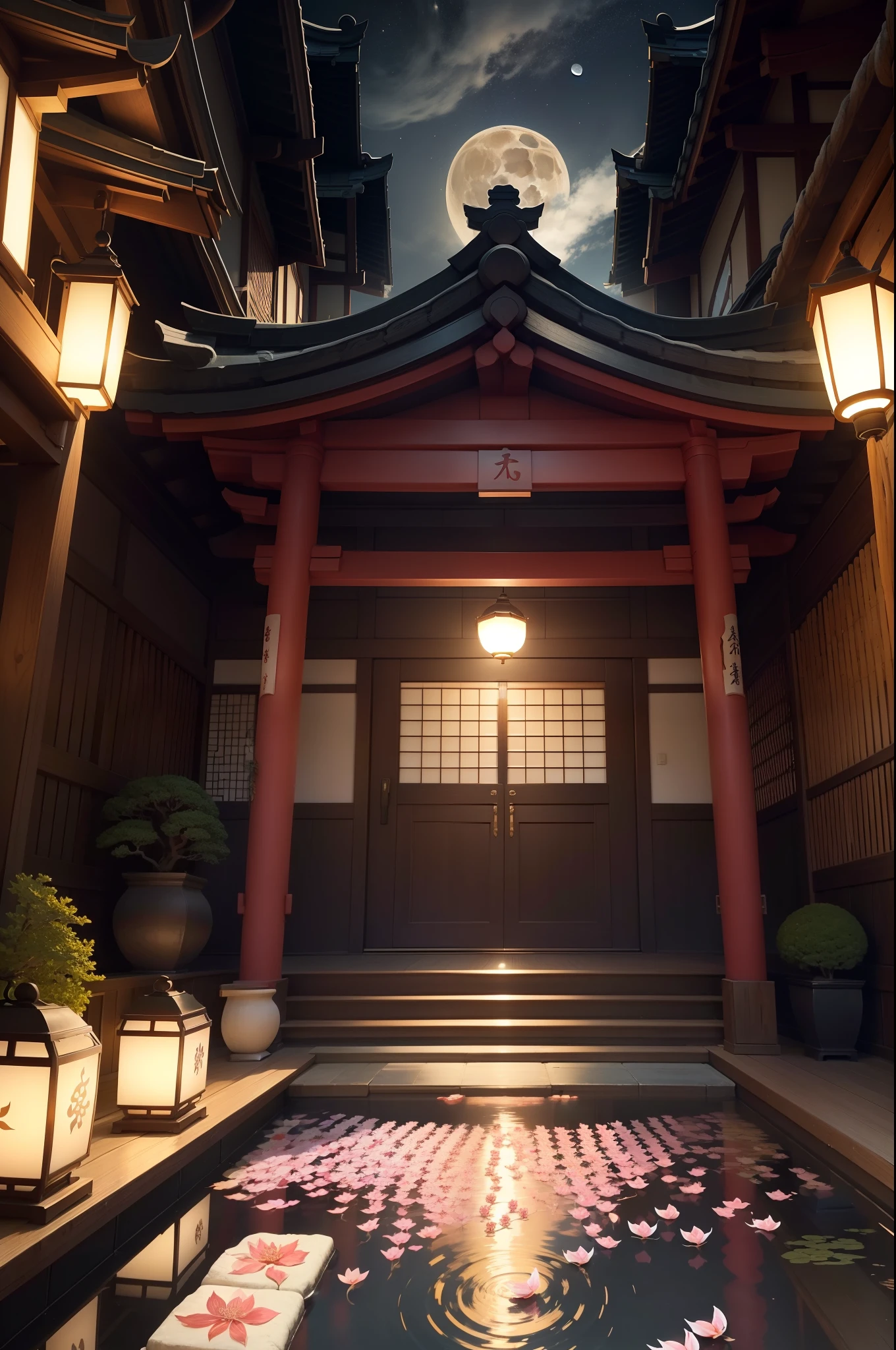 "Envision an enchanting wallpaper pattern composed of a rhythmic arrangement of iconic Japanese symbols, each adding a layer of cultural depth and significance.
The delicate sakura blossom, symbolizing renewal and fleeting beauty, is interspersed among intricate '卍' (manji) symbols, representing harmony, eternity, and the cycle of life.
Mystical 'Dragon' (ryu) dragons coil gracefully amidst swirling clouds, embodying power, transformation, and protection. The torii gate stands resolute, marking the transition from the secular to the sacred.
Elegant kanji characters '愛' (ai) for love, 'Courage' (yuuki) for courage, and 'Peace' (heiwa) for peace, seamlessly integrate into the design, adding profound meaning.
A tranquil pond reflects the moon's serene glow, adorned with '鶴' (tsuru) cranes, symbols of longevity and good fortune. Beneath the surface, 'Sea' (umi) waves ebb and flow, representing life's constant changes.
Bamboo shoots, a representation of resilience and growth, rise gracefully amid the composition. Lanterns sway gently, casting warm illumination and symbolizing guidance.
The color palette harmonizes deep indigos, tranquil blues, and soft whites, creating a sense of serenity and reverence. This intricate wallpaper pattern is a visual journey through the layers of Japanese symbolism, inviting you to immerse yourself in their wisdom and beauty."
