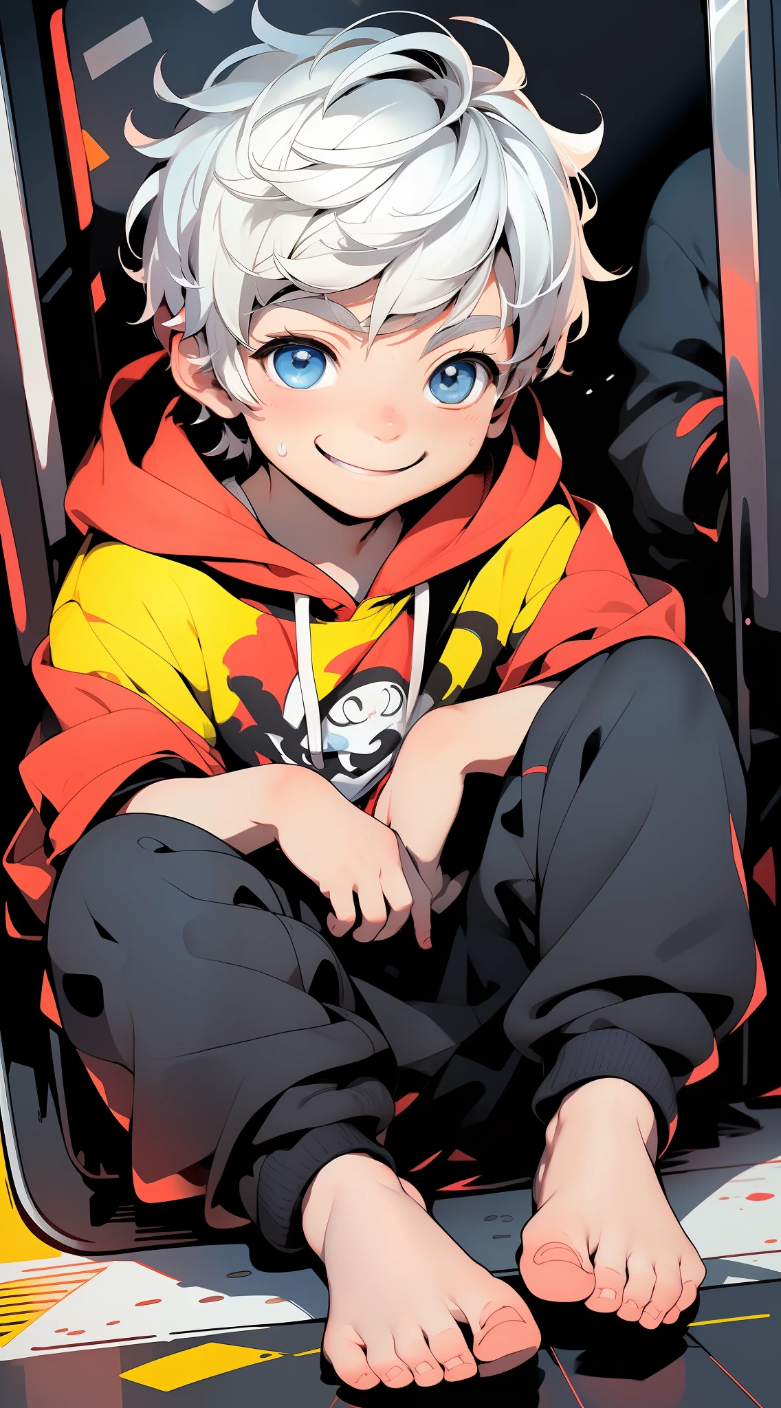 Masterpiece, chubby Little boy with white hair and shiny bright blue eyes and barefoot wearing a hoodie, and oversized sweatpants sitting in a train, young, boy, child, small, toddler, soft light, (sweatpants:1.4), (Boy:1.4), (Shota:1.4), (Young:1.4), (Male:1.4), (smiling:1.4), (foot:1.4), (shy:1.4),