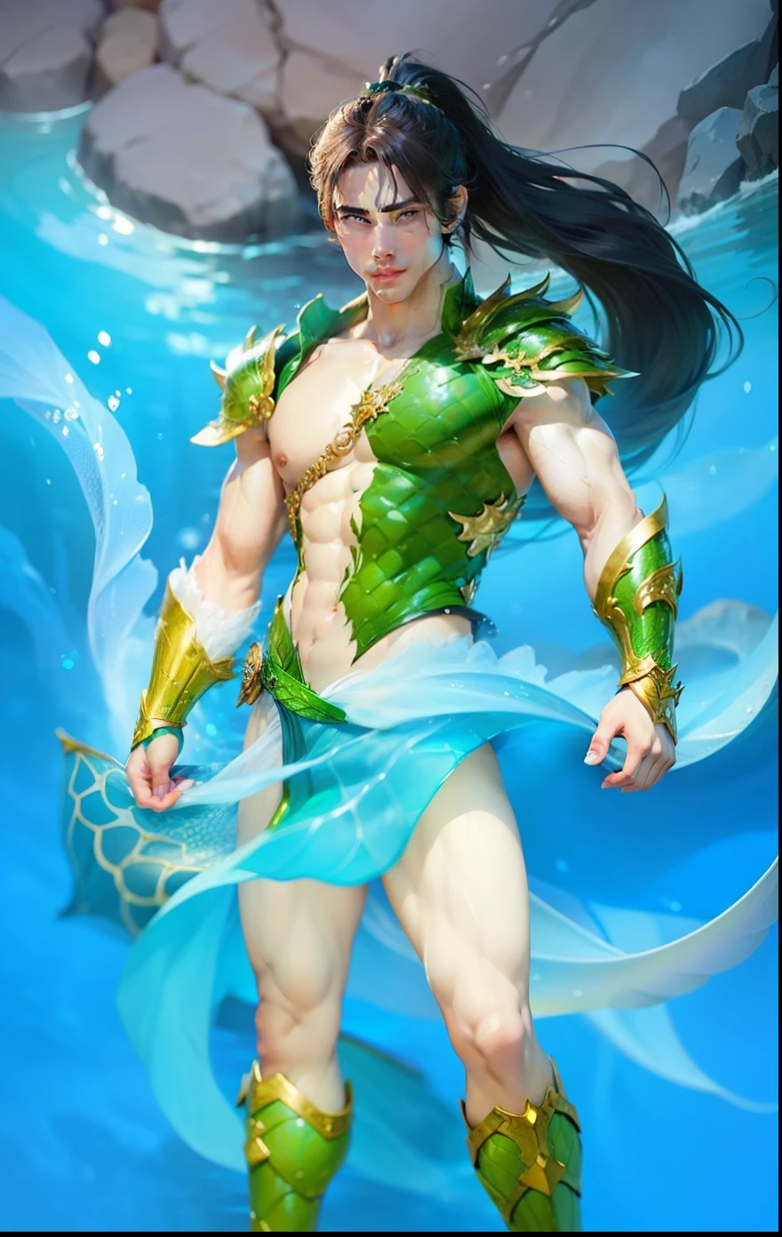 (hyper-realistic digital illustration), hires, best quality, boy wearing micro thong, green pubes, see-through thong , underwater world, wide angle, swimming, athletic body, male, iridescent skin, flat chest, silver eyes, green hair styled in spikes, determined expression, small waist, broad chest, big mane, slim scruffy, muscular, background underwater starts universe