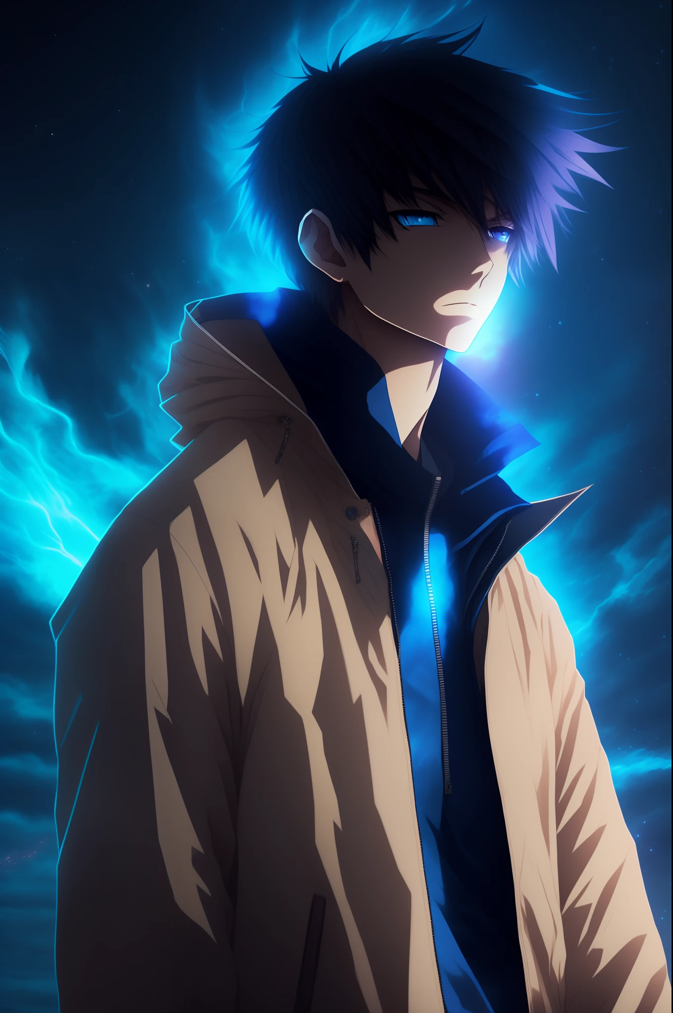 Anime boy wearing beige jacket hair split in half in dark brown tone with an aura of blue magic around him in a dark ambient setting posing for a high resolution cinematic photo