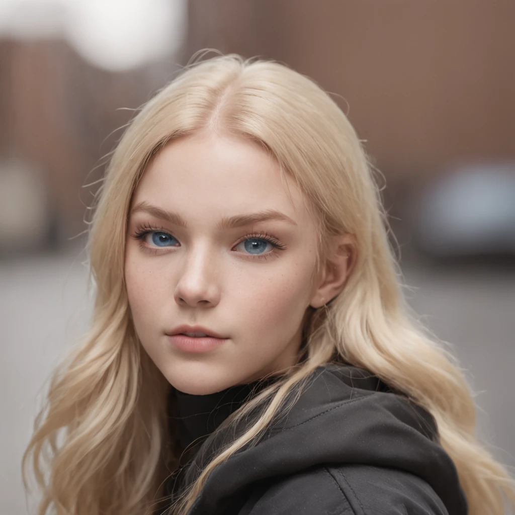 A girl in a black street hoodie (Blue eyes) The golden hair and delicate facial features are realistic and realistic,There are two large pockets on the chest, Maiden has a black dial watch