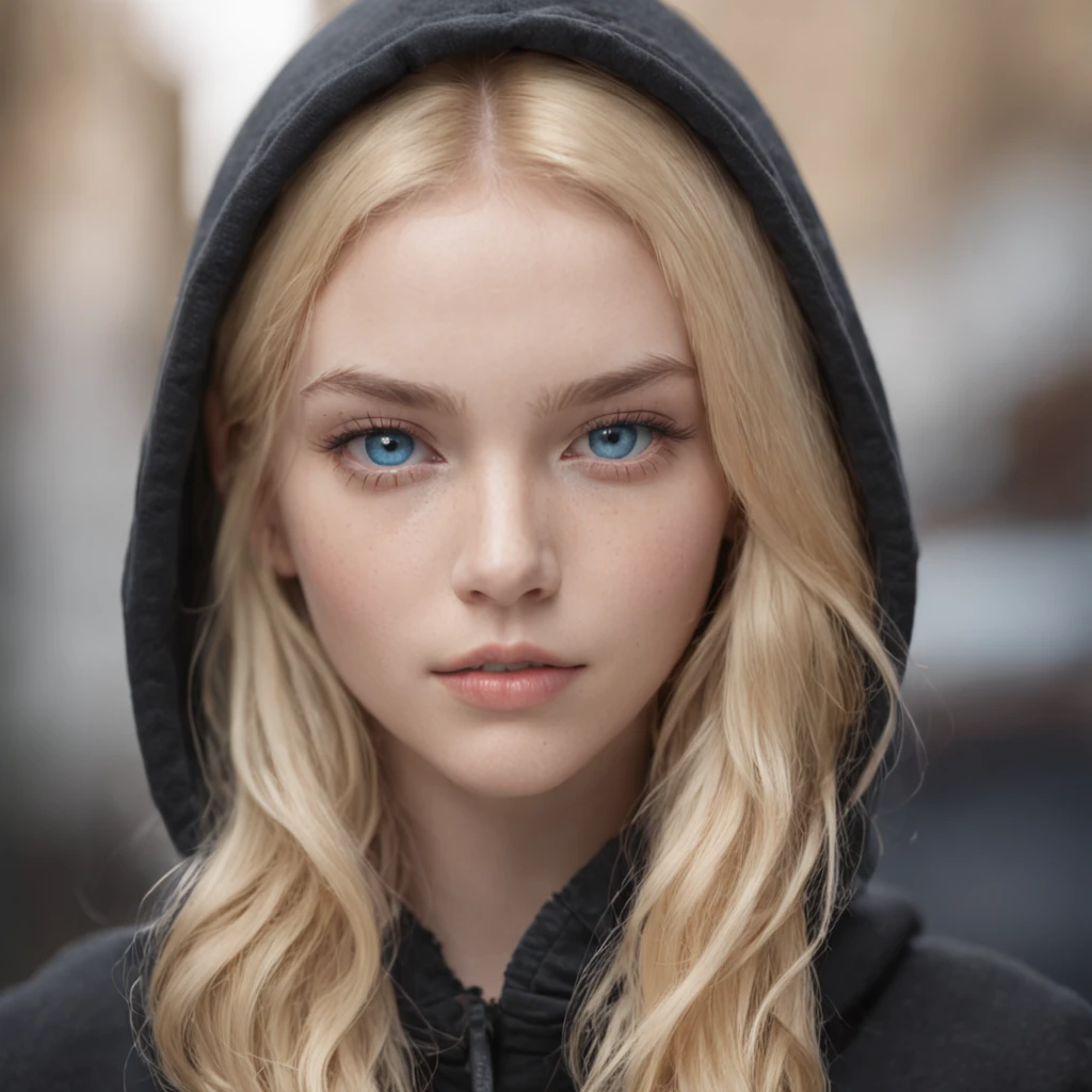 A teenage girl in a black street hoodie （Blue eyes） The golden hair and delicate facial features are realistic and realistic，There are two large pockets on the , Maiden has a black dial watch