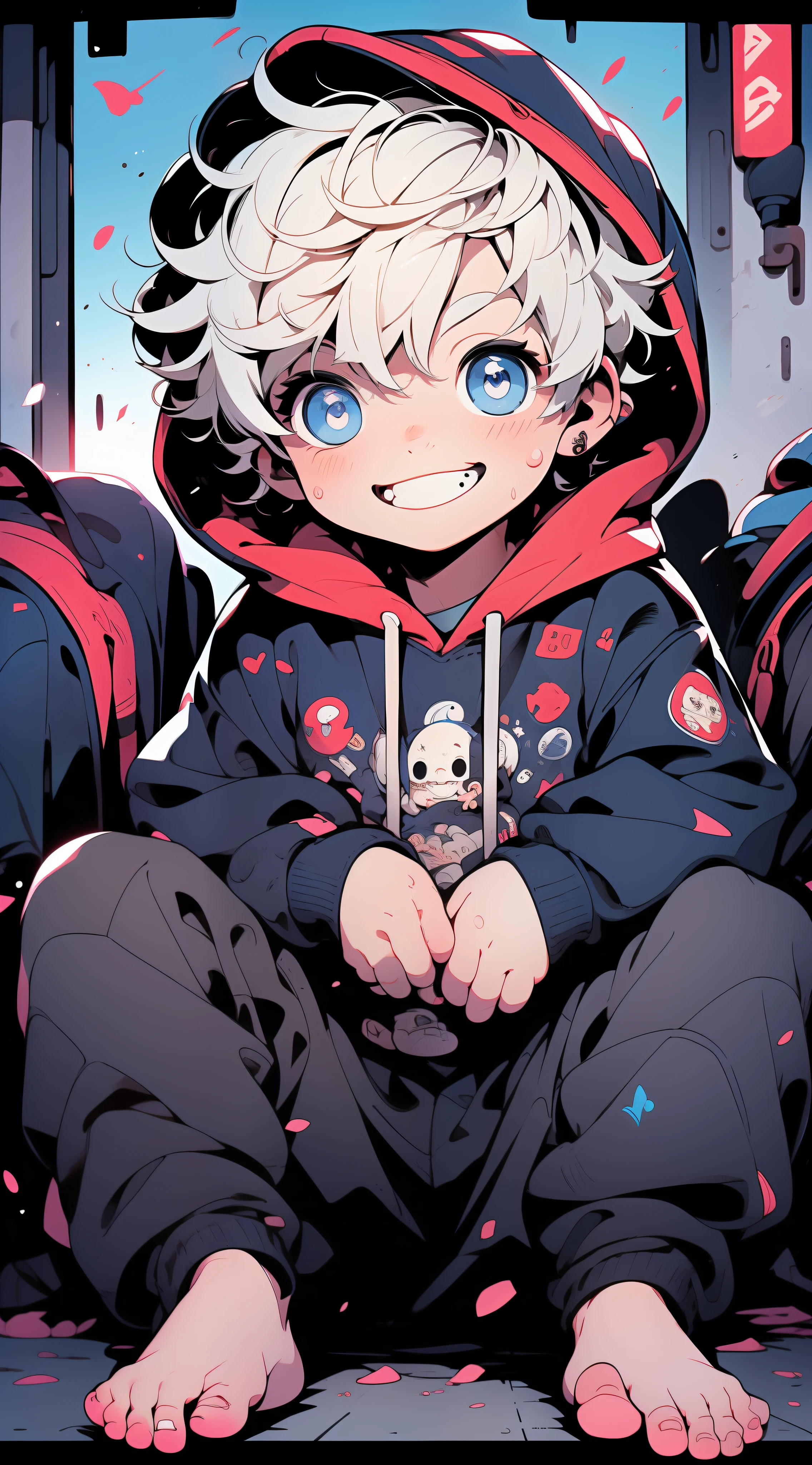 Masterpiece, chubby boy with white hair and shiny bright blue eyes and barefoot wearing a hoodie, and oversized sweatpants sitting in a train, young, boy, child,l, toddsoft lit, (sweatpants:1.4), (Boy:1.4), (Shota:1.4), (Young:1.4), (Male:1.4), (smiling:1.4), (foot:1.4), (shy:1.4),