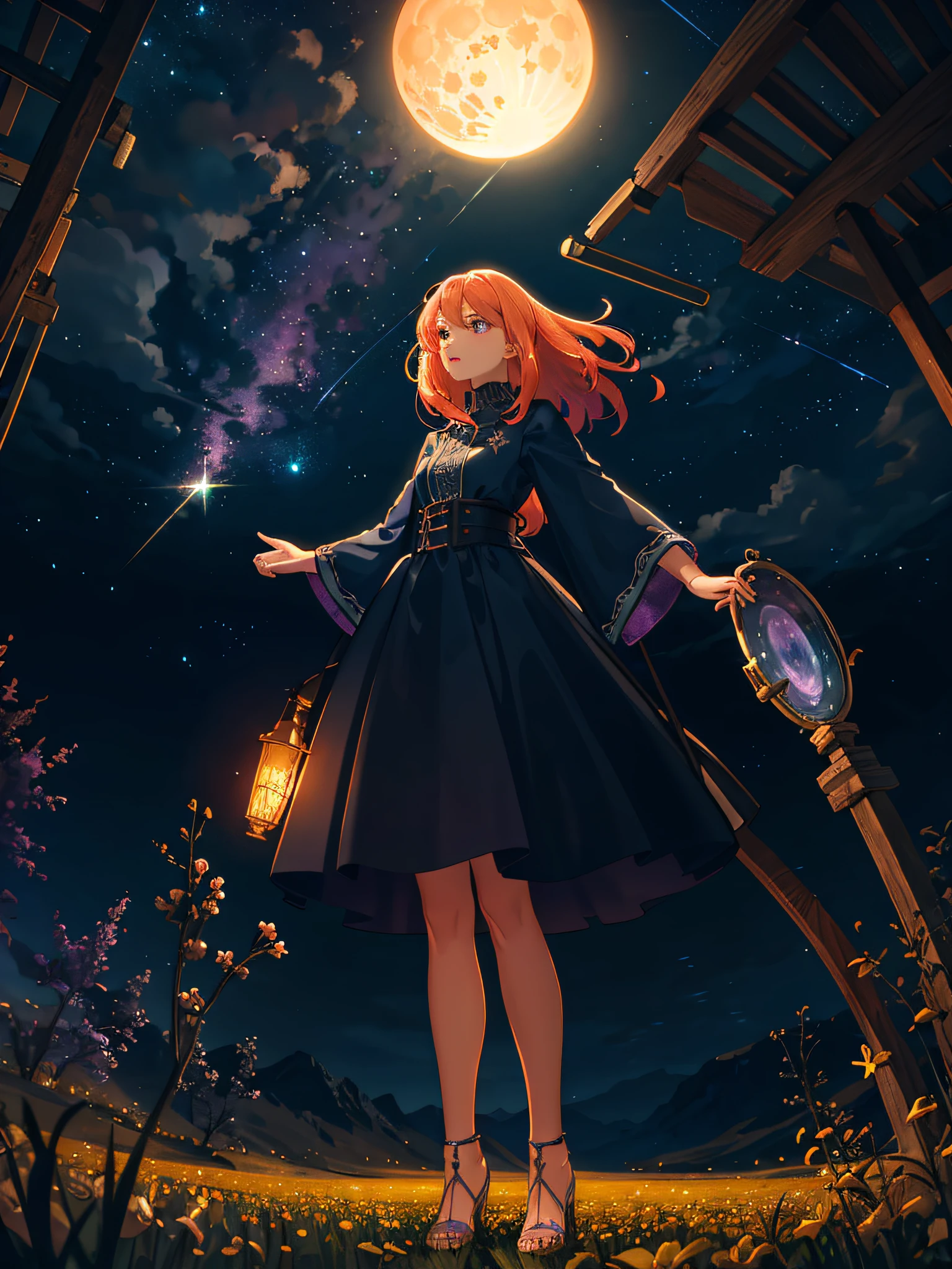 expansive landscape photograph , (a view from below that shows sky above and open field below), a girl standing on flower field looking up, (full moon:1.2), ( shooting stars:0.9), (nebula:1.3), distant mountain, tree BREAK
production art, (warm light source:1.2), (Firefly:1.2), lamp, lot of purple and orange, intricate details, volumetric lighting, realism BREAK
(masterpiece:1.2), (best quality), 4k, ultra-detailed, (dynamic composition:1.4), highly detailed, colorful details,( iridescent colors:1.2), (glowing lighting, atmospheric lighting), dreamy, magical, (solo:1.2)