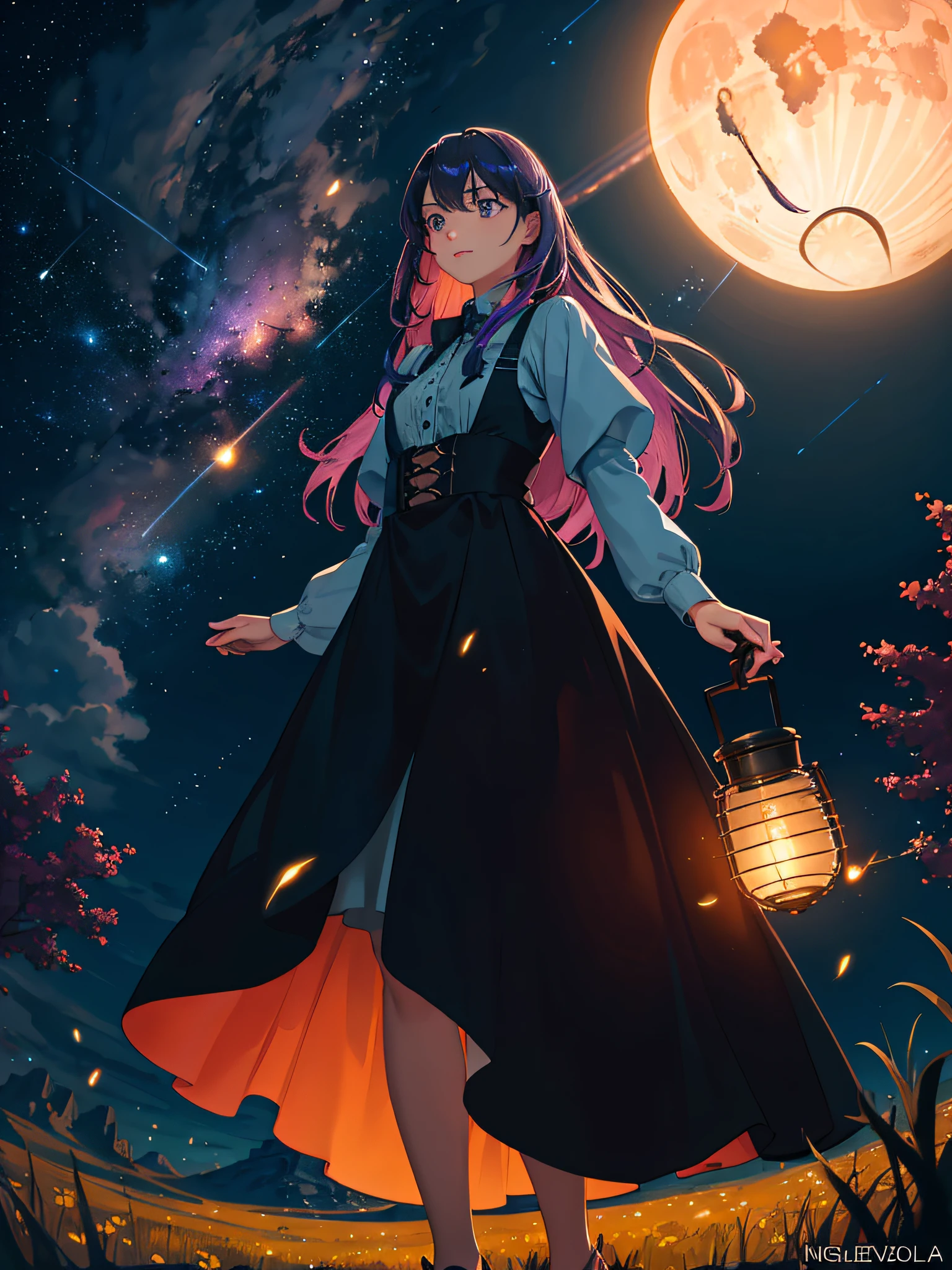 expansive landscape photograph , (a view from below that shows sky above and open field below), a girl standing on flower field looking up, (full moon:1.2), ( shooting stars:0.9), (nebula:1.3), distant mountain, tree BREAK
production art, (warm light source:1.2), (Firefly:1.2), lamp, lot of purple and orange, intricate details, volumetric lighting, realism BREAK
(masterpiece:1.2), (best quality), 4k, ultra-detailed, (dynamic composition:1.4), highly detailed, colorful details,( iridescent colors:1.2), (glowing lighting, atmospheric lighting), dreamy, magical, (solo:1.2)