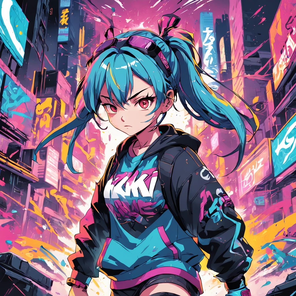 vector t-shirt art ready for print colorful graffiti illustration of nike cyberpunk, frontal perspective, action shot, vibrant color, high detail, white background.