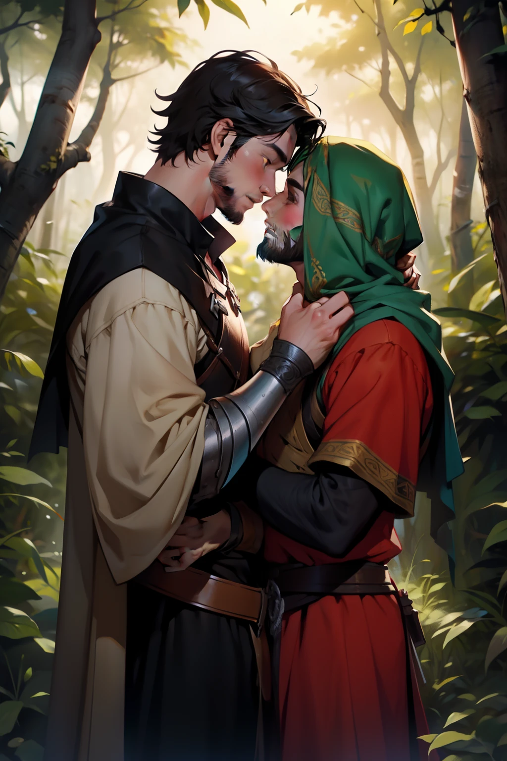Dois homens jovens medieval se beijando na floresta