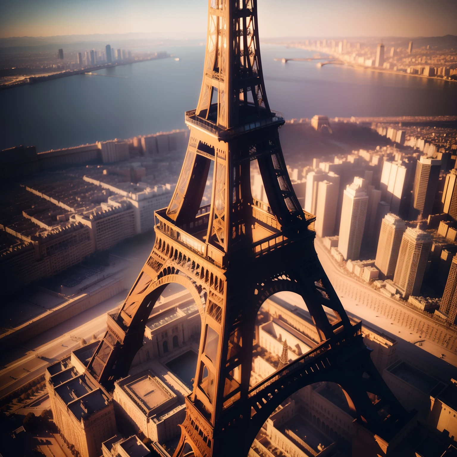 ((High Angle Shot)) Golden eiffel tower, Cinematic, Photography, Sharp, Hasselblad, Dramatic Lighting, Depth of field, Medium shot, Soft color palette, 80mm, Incredibly high detailed, Lightroom gallery,