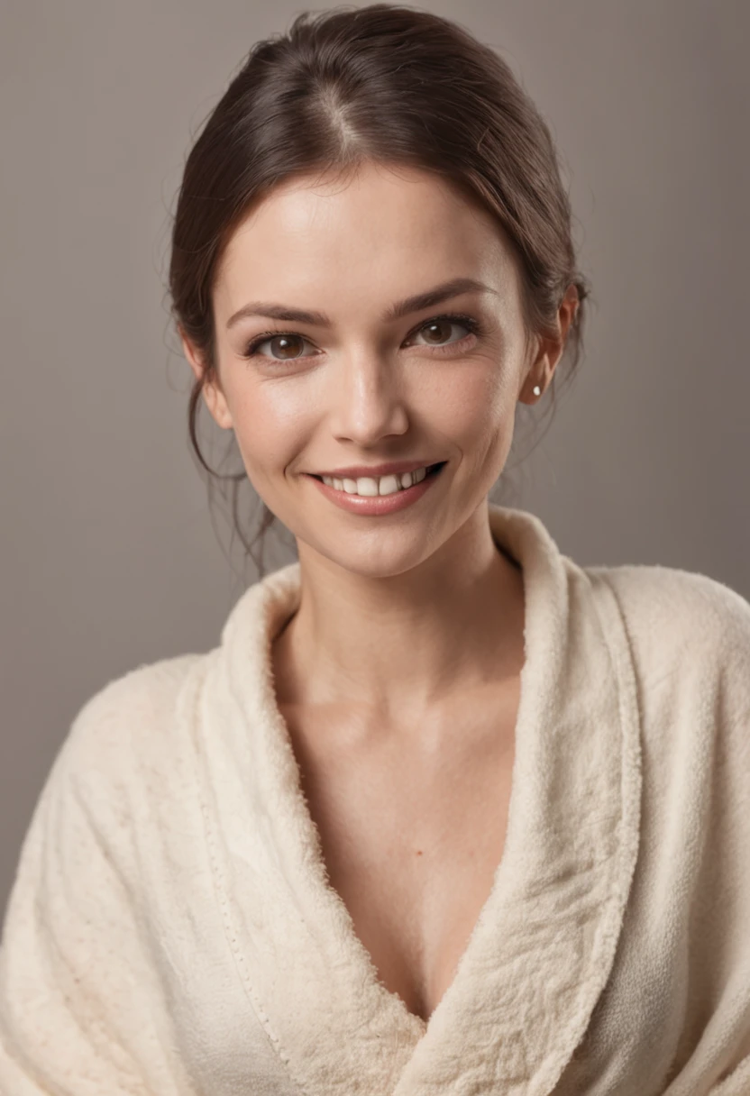 A burly middle-aged man, wrapped in a towel with no clothes on, opens his bedroom door to an attractive woman in her early twenties. The woman is wearing a short dress and a jacket. She is smiling and looking at the man. The room is poorly lit