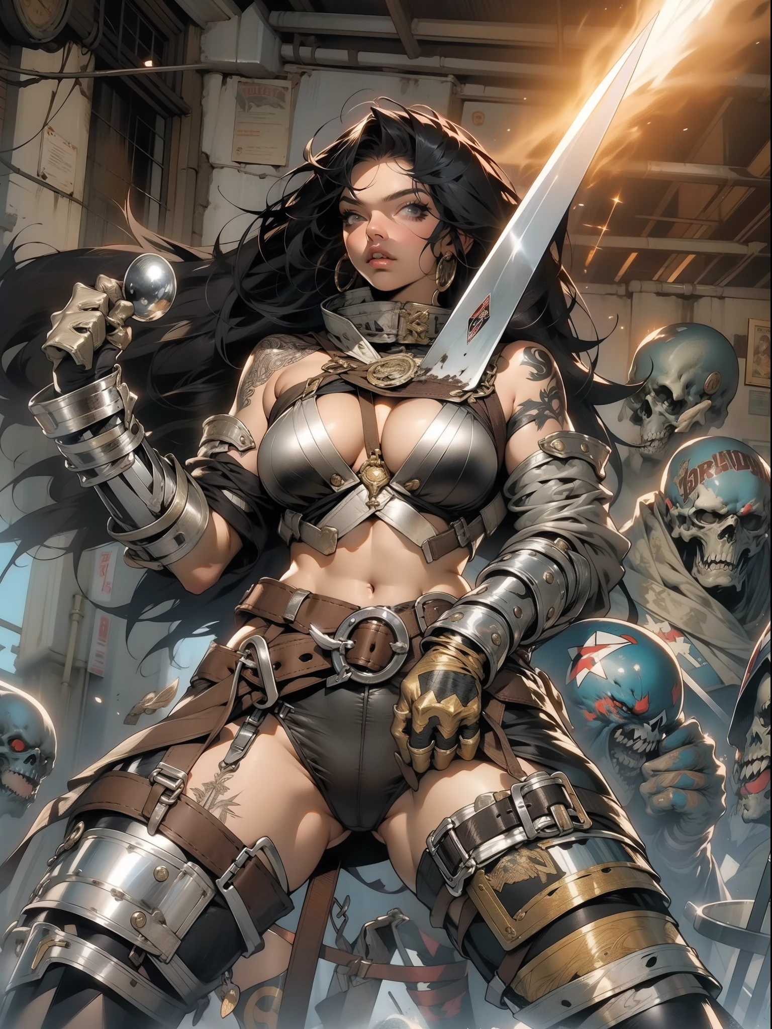 close de uma guerreira mulher de 35 anos musculosa quase nua no estilo Simon Bisley para a capa da revista Heavy Metal, cabelo metade preto metade branco, Minimum clothing, Roupas curtas, (((mulher))), (((melhor qualidade))), (((obra prima))), (((adulta))), Uma guerreira mulher de 35 anos com corpo perfeito, Brooklyn Gladiators, hand with steel gloves and metal tips, (( under boobs )), (( Tiny thong )), quase nua no estilo selvagem urbano de Simon Bisley para a capa da revista 2000 A.D., cabelo curto desalinhado, Minimum clothing, arm with heavy metal protection full of tips, tatuagem tribal, estrelas de 5 pontas, (((corpo inteiro))), cabelo preto curto com franja branca cobrindo a testa