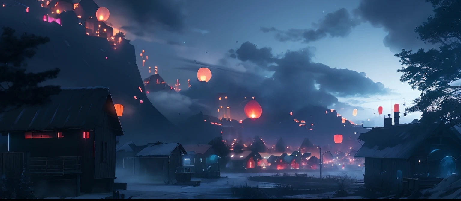 Night view of a village，Lanterns fly in the sky, red sprites in the atmosphere, Movie 4K wallpaper, Movie 4K wallpaper, cinematic beeple, toxic glowing smog in the sky, inspired by Simon Stalenhag, Beautiful and cinematic lighting, Realism | beeple, Epic concept art. Bokeh, beeple rendering