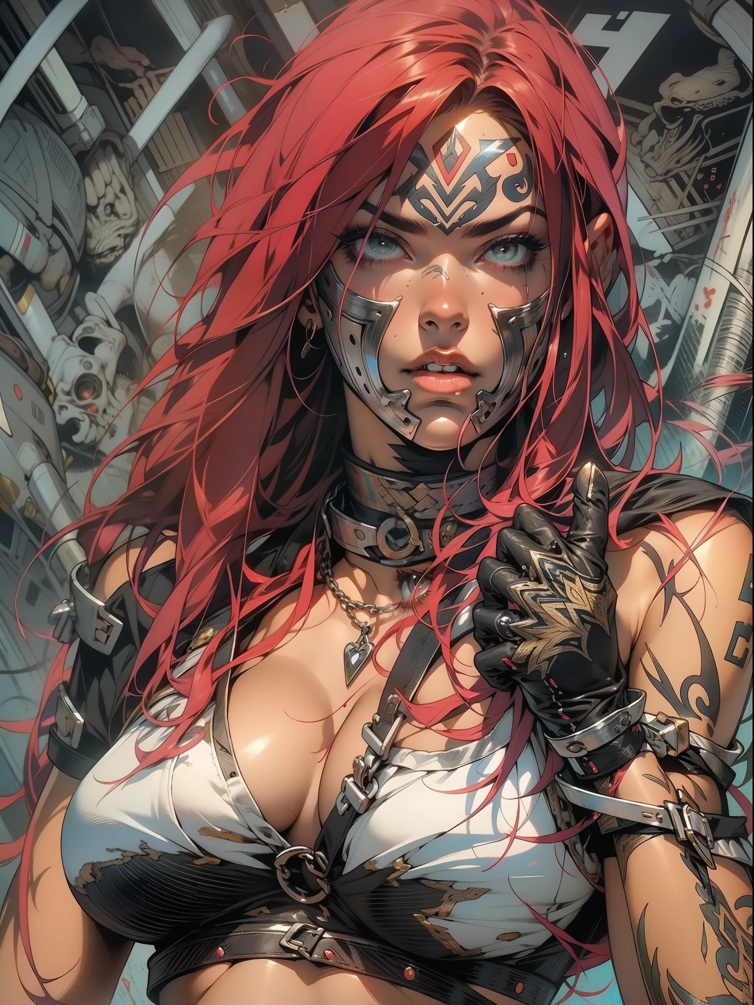 close de uma guerreira mulher de 35 anos musculosa quase nua no estilo Simon Bisley para a capa da revista Heavy Metal, cabelo metade preto metade branco, Minimum clothing, Roupas curtas, (((mulher))), (((melhor qualidade))), (((obra prima))), (((adulta))), Uma guerreira mulher de 35 anos com corpo perfeito, Brooklyn Gladiators, hand with steel gloves and metal tips, (( under boobs )), (( Tiny thong )), quase nua no estilo selvagem urbano de Simon Bisley para a capa da revista 2000 A.D., cabelo curto desalinhado, Minimum clothing, arm with heavy metal protection full of tips, tatuagem tribal, estrelas de 5 pontas, (((corpo inteiro))), cabelo preto curto com franja branca cobrindo a testa