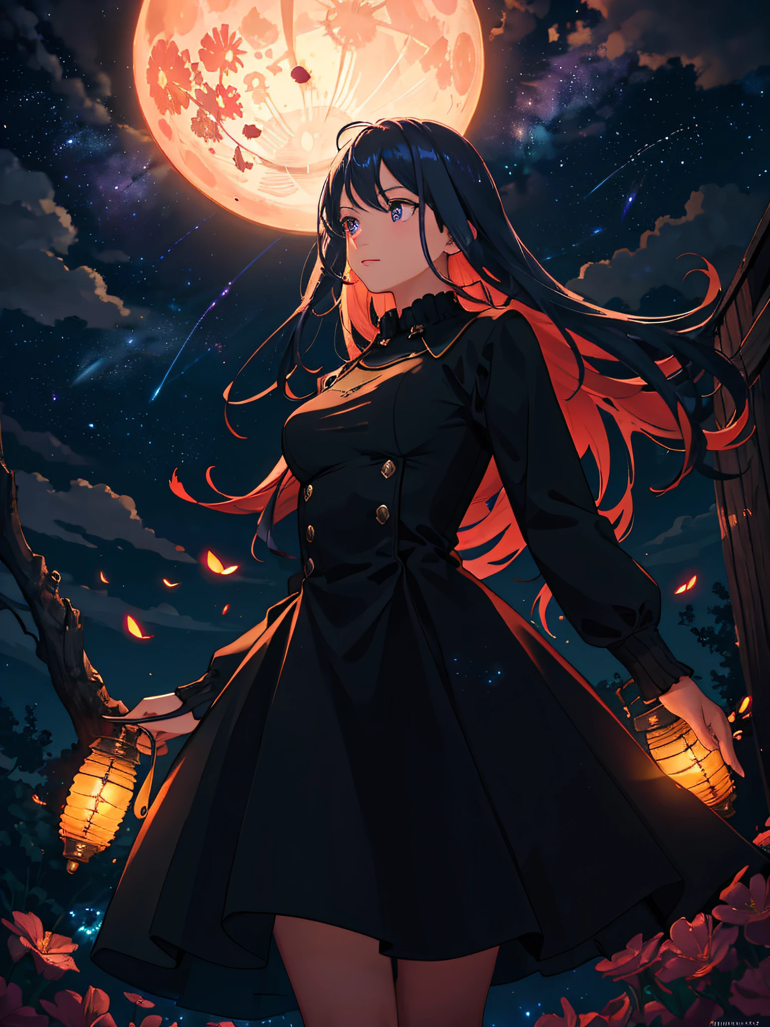 expansive landscape photograph , (a view from below that shows sky above and open field below), a girl standing on flower field looking up, (full moon:1.2), ( shooting stars:0.9), (nebula:1.3), distant mountain, tree BREAK
production art, (warm light source:1.2), (Firefly:1.2), lamp, lot of purple and orange, intricate details, volumetric lighting, realism BREAK
(masterpiece:1.2), (best quality), 4k, ultra-detailed, (dynamic composition:1.4), highly detailed, colorful details,( iridescent colors:1.2), (glowing lighting, atmospheric lighting), dreamy, magical, (solo:1.2)