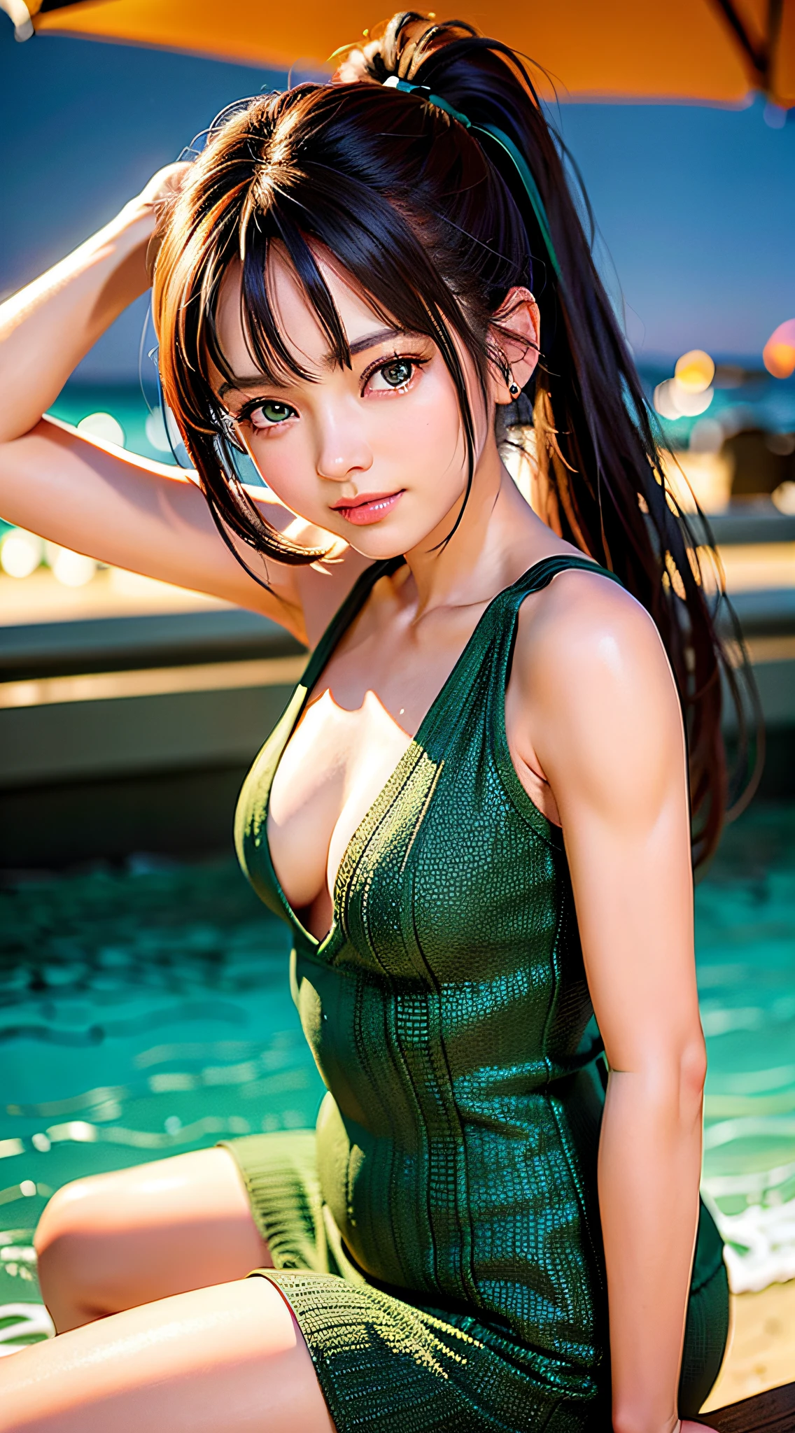 (8k, RAW photo, best quality, masterpiece: 1.2), (realistic, photo-realistic: 1.37), 1 girl, beautiful, adorable, (green eyes), clear smile, (solo), detailed face, round face, ponytail, thin, big chest, swimsuit, dramatic angle, head tilt, ((head resting on hand)), night lights, paradisiacal beach, sitting on sand, small head, (front),