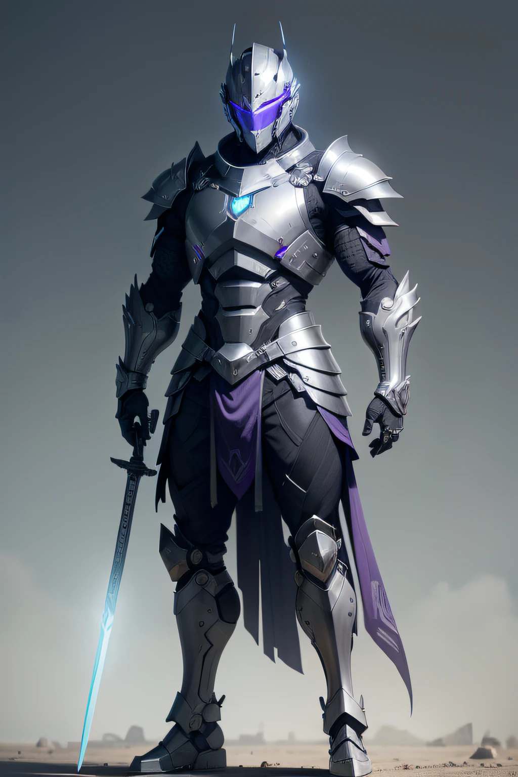 An armor made from metal as tough as the robotic armor of the future, creating an extremely strong masculine look., Its right hand held a Japanese sword with a superior sharp blade that had a purple light around it. The blade carries green streaks. On his head wore a metal helmet, Shaped like the full face helmets of future warriors, The full-body scene behind is the collapsed city