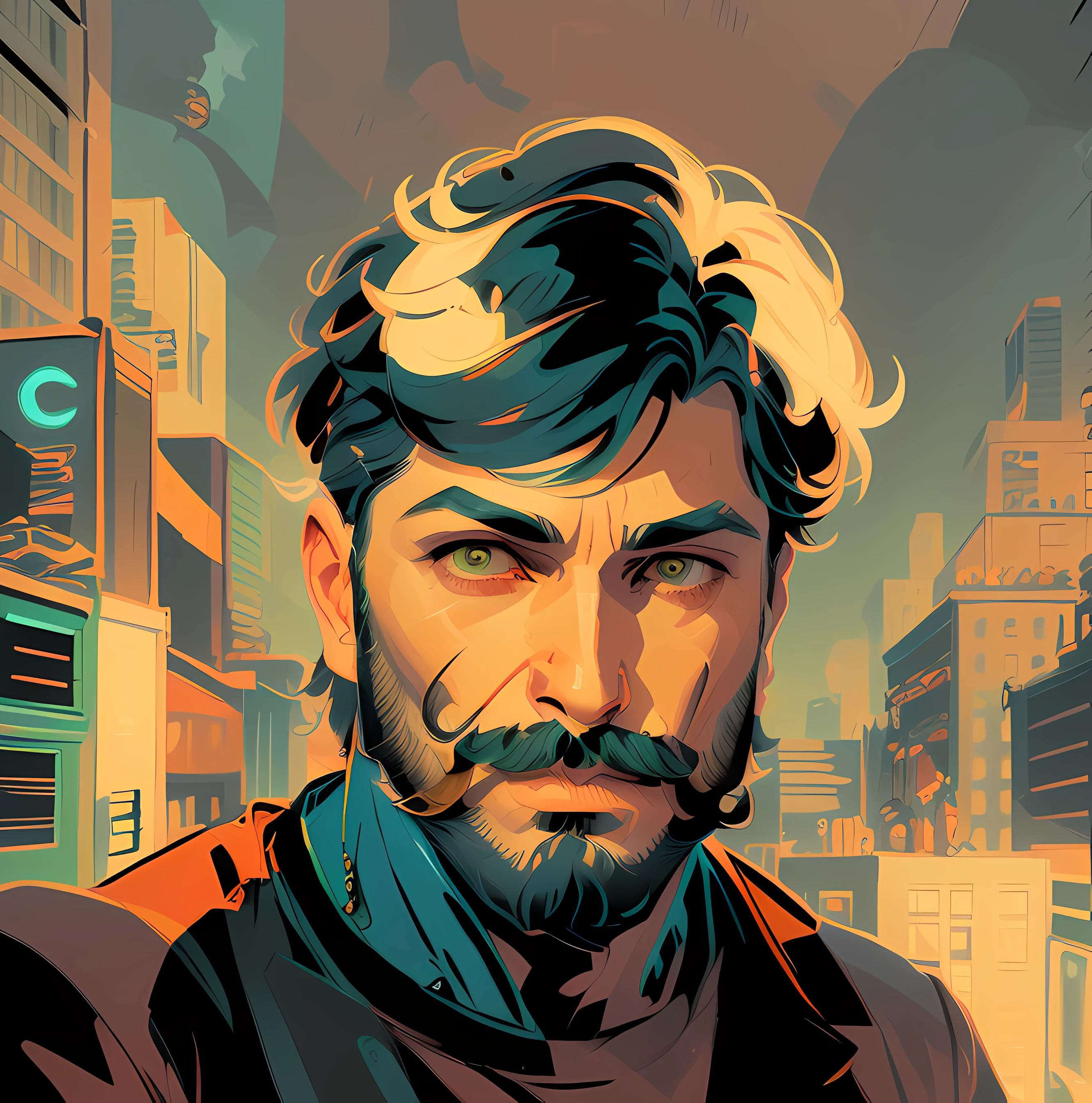 cartoon of a man with a beard and a mustache in a city, epic portrait illustration, in style of digital illustration, detailed color portrait, epic comic book style, detailed character portrait, comic digital art, detailed portrait shot, full color digital illustration, stylized portrait, detailed illustration portrait, stylised comic art, superhero portrait, background artwork, stylized digital illustration