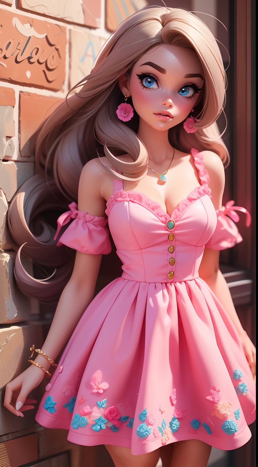 Menina loira fofa, Estilo barbie. vestido rosa, cenario de doces, cabelo comprido