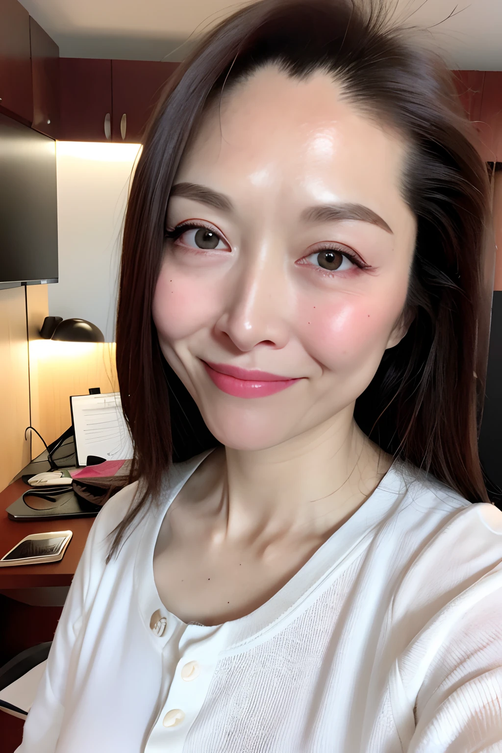 (realistic, photo-realistic:1.37),(8k, RAW photo, best quality, masterpiece:1.2), cute, ultra-detailed,heart-shaped pupils,physically-based rendering, ultra high res, kodakvision color, shot on Arricam LT Camera, bokeh, sharp focus,
looking at viewer,photorealistic,realistic, solo, photorealistic, best quality,extremely detailed face,extremely detailed eyes and face, beautiful detailed eyes,absurdres, incredibly absurdres,haunting smile,Messy hair, floating hair, ,