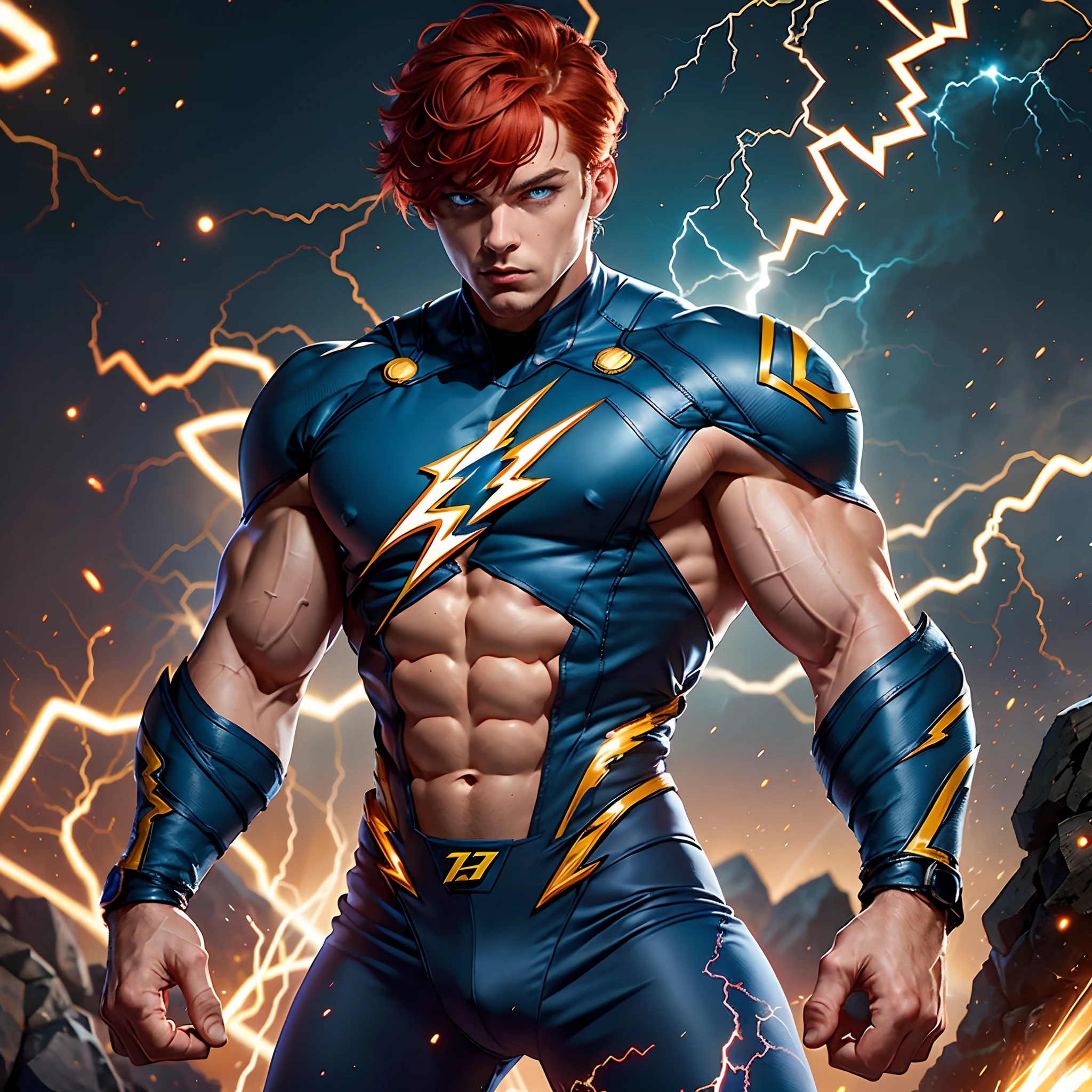 super-hero, muscular man, 25-year old, (short red hair, blue eyes), (blue and white costume with yellow lightning bolts on chest), (lightning bolts bursting from hands, surrounded by lightning), photorealistic, particle effects, raytracing, depth of field,