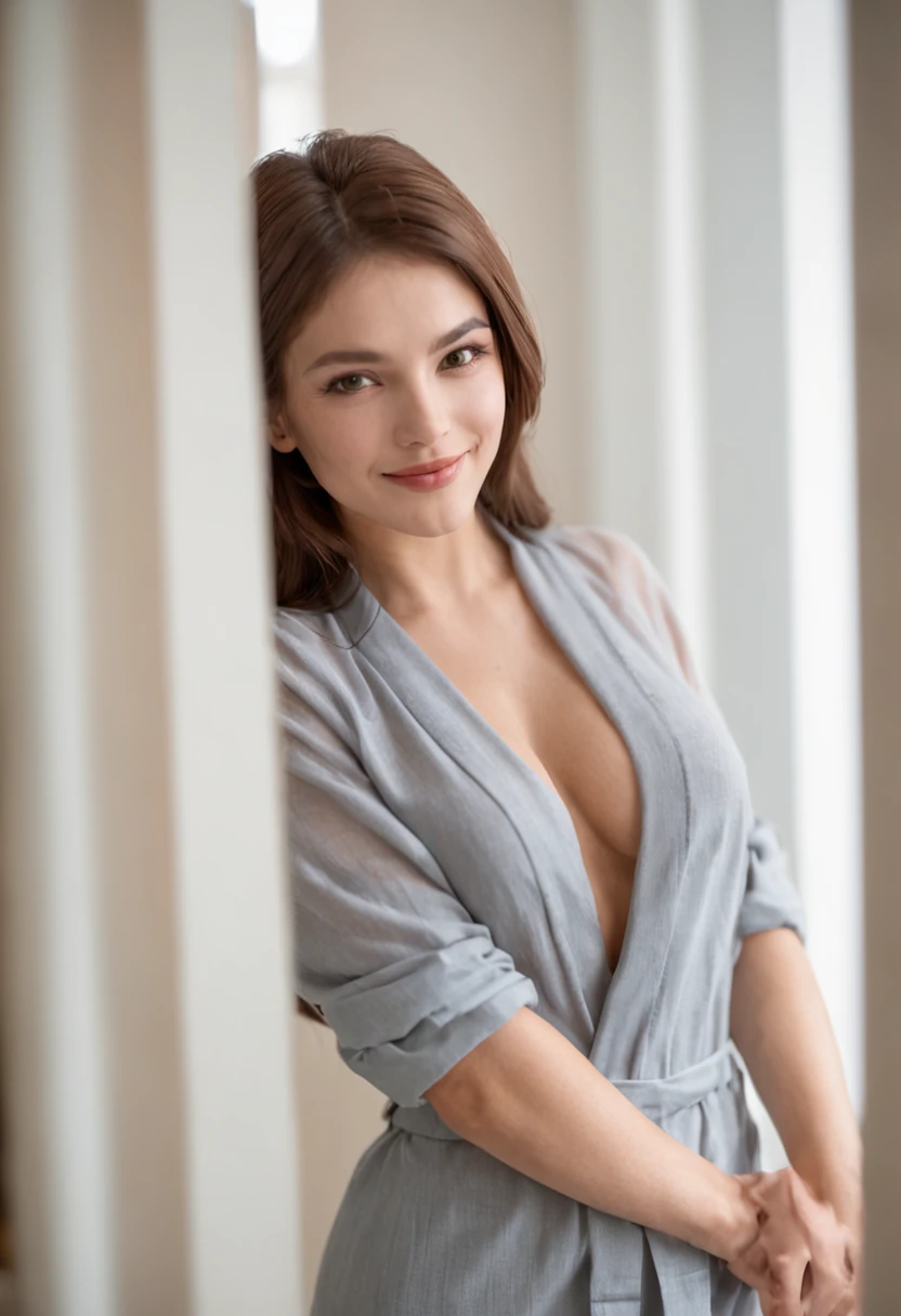 A strong, handsome man, wrapped in a towel with no clothes on, opens the door to his bedroom to an attractive, busty woman in her early twenties. The woman is wearing a short dress and a jacket. She is smiling and looking at the man. The room is dimly lit